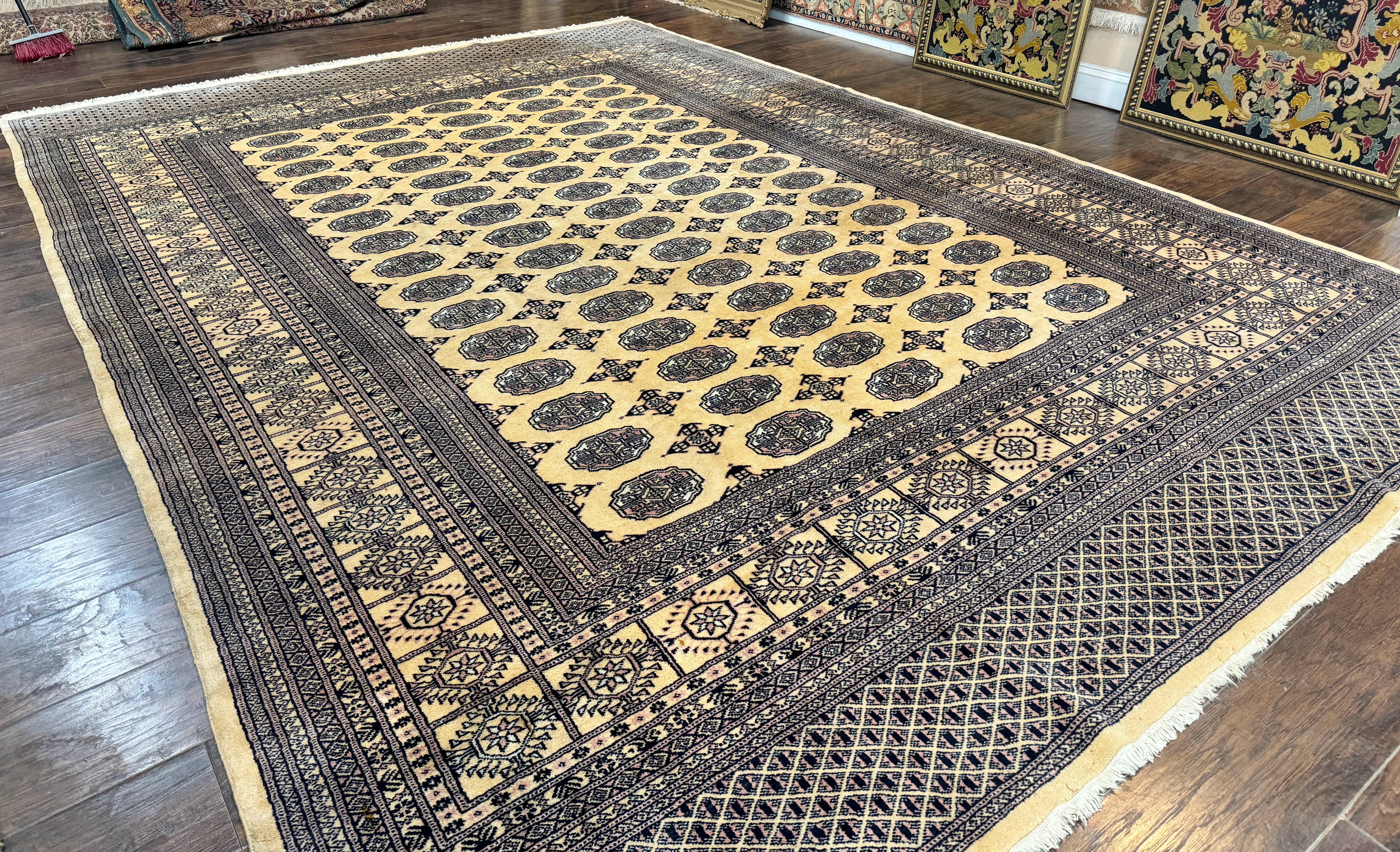 Pakistani Bokhara Turkoman Rug 9x11, Cream, Handmade Wool Vintage Carpet - Image 12