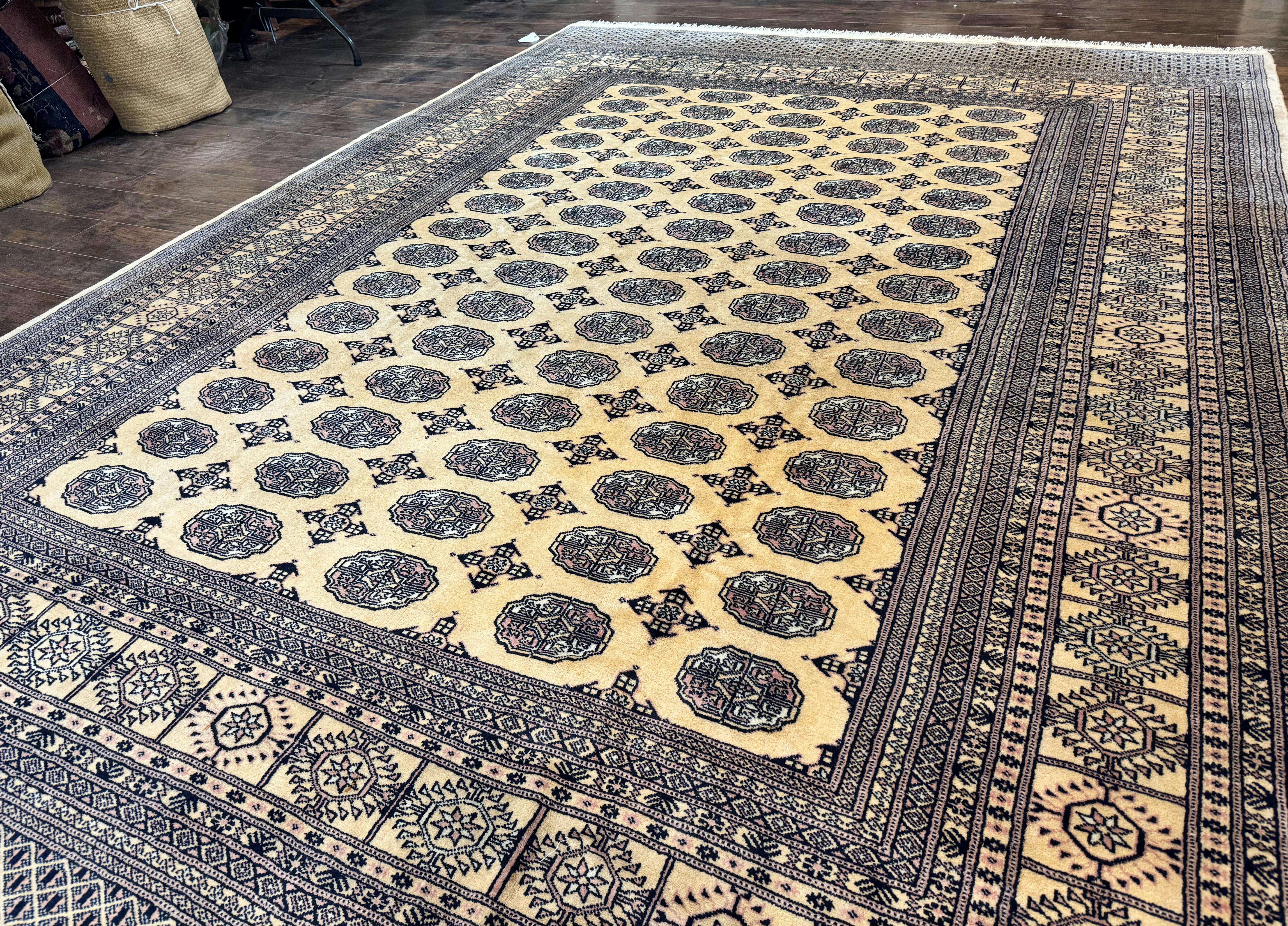 Pakistani Bokhara Turkoman Rug 9x11, Cream, Handmade Wool Vintage Carpet - Image 2