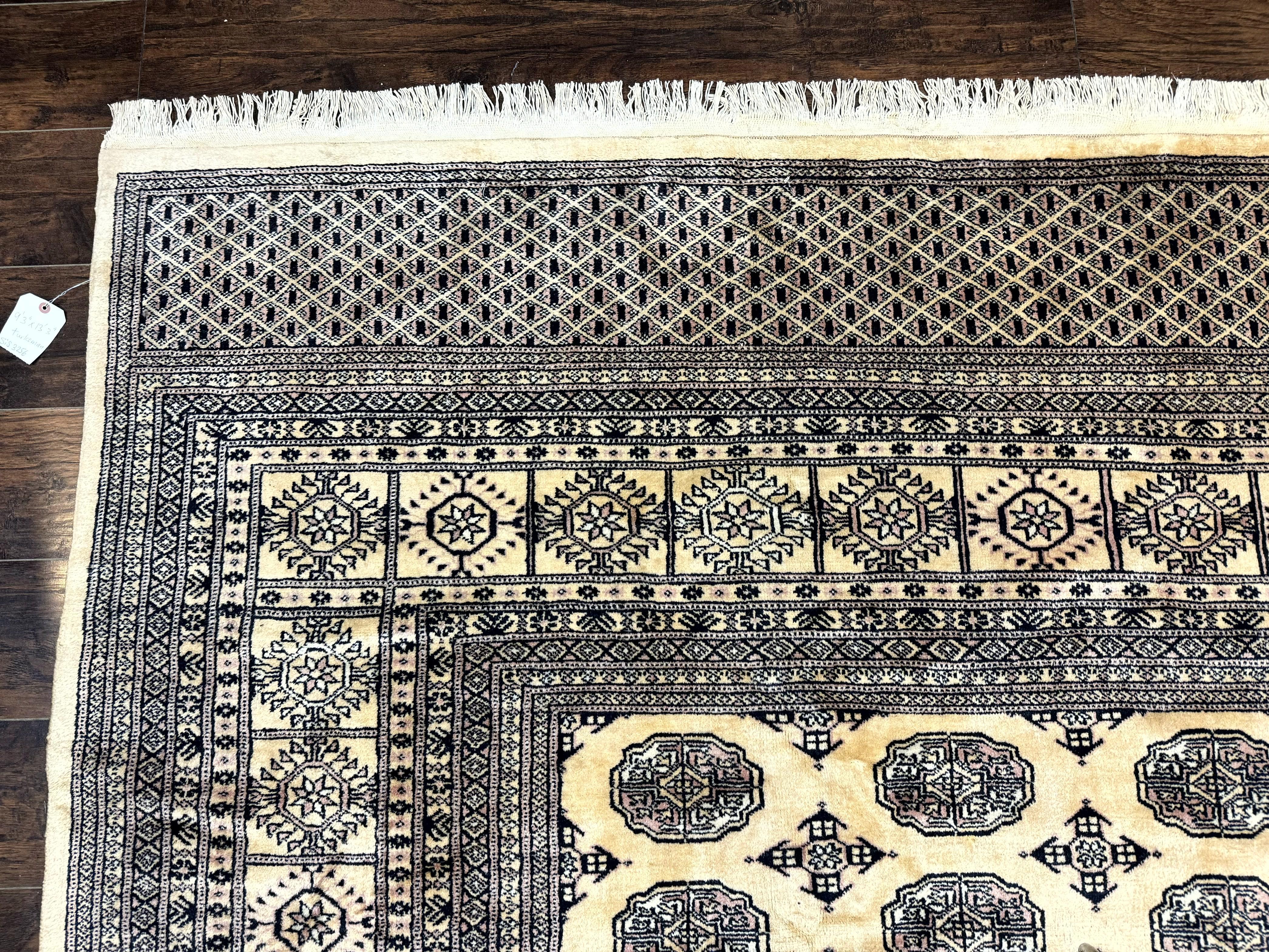Pakistani Bokhara Turkoman Rug 9x11, Cream, Handmade Wool Vintage Carpet - Image 6