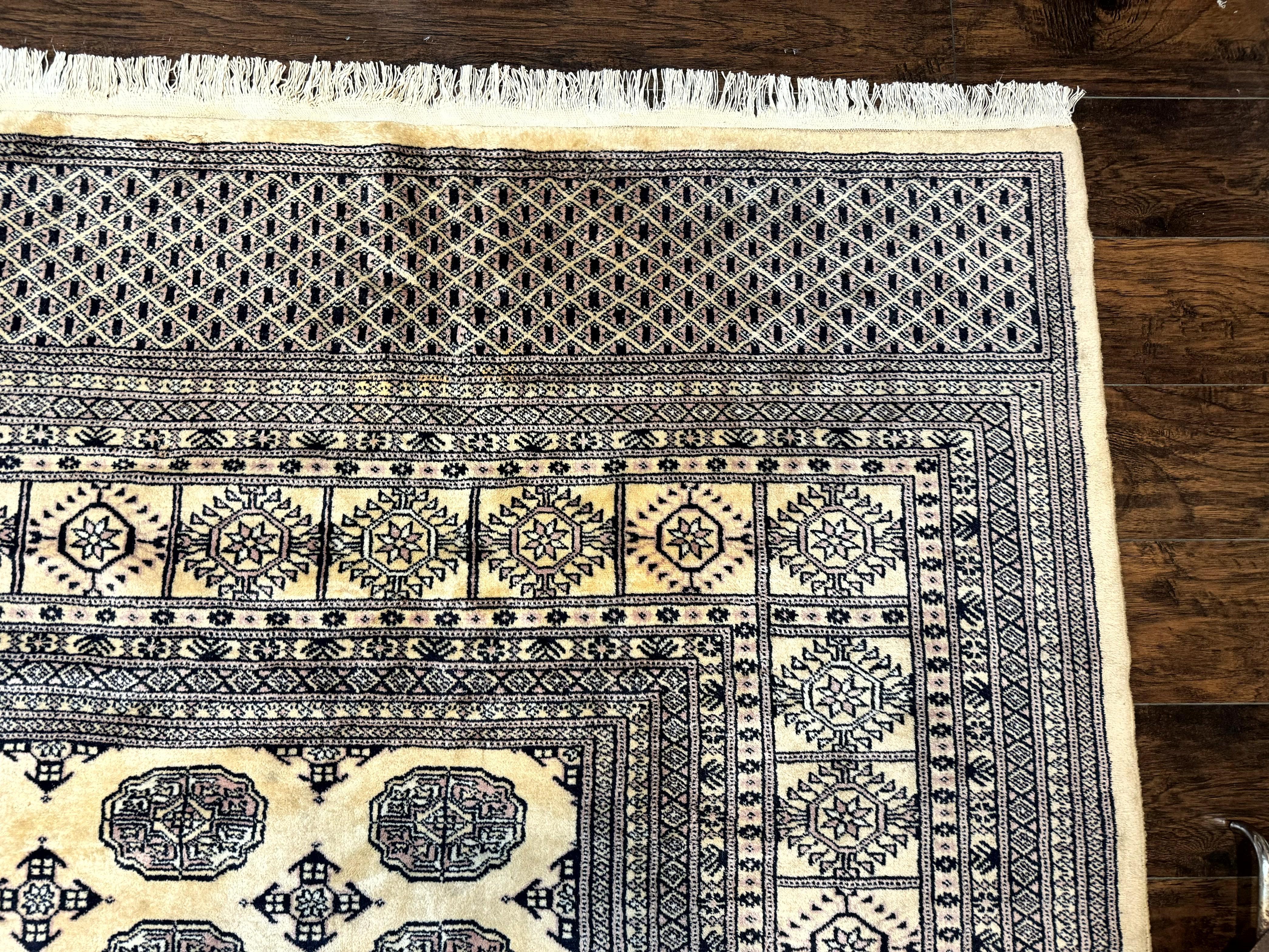 Pakistani Bokhara Turkoman Rug 9x11, Cream, Handmade Wool Vintage Carpet - Image 7