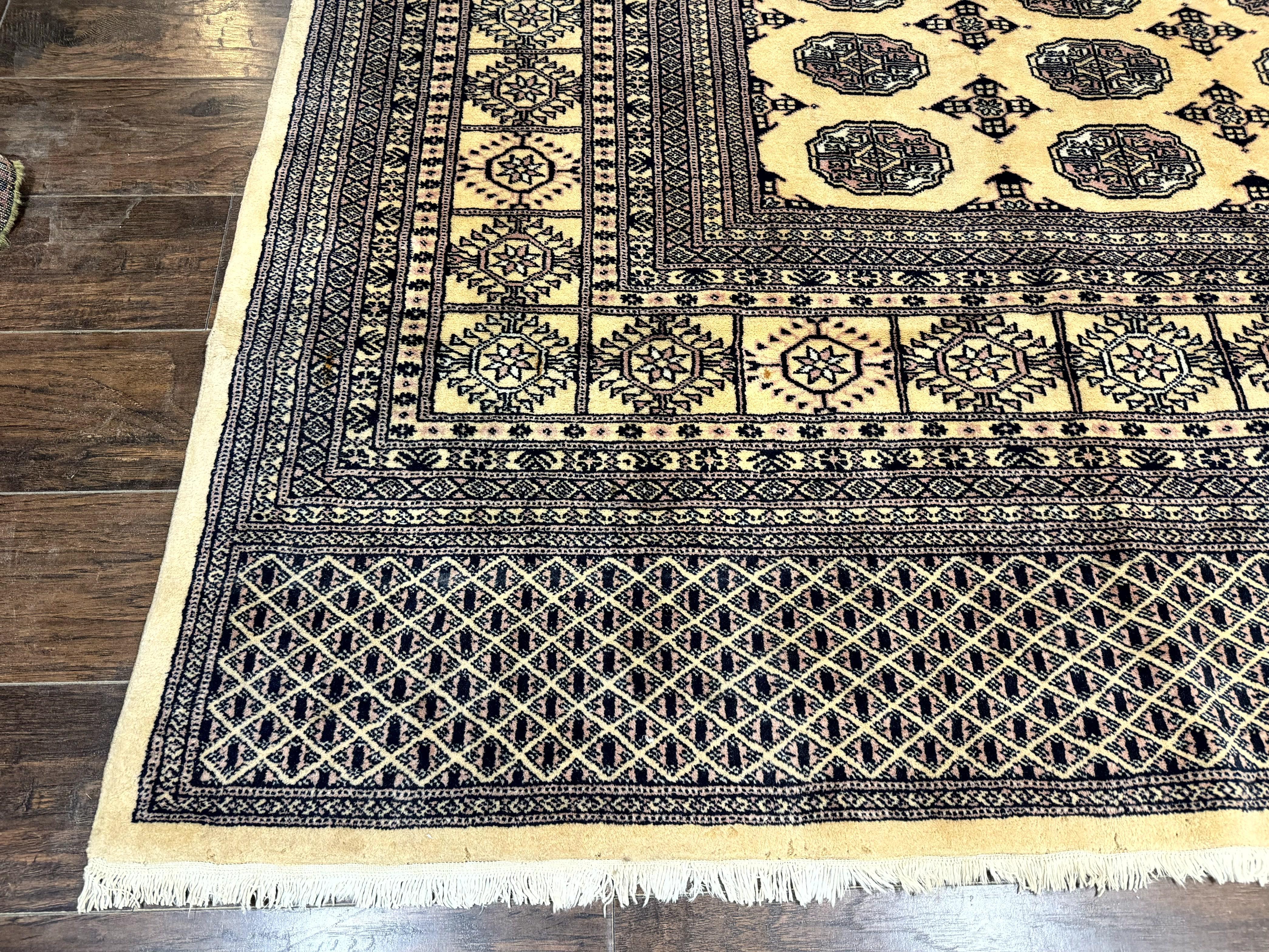 Pakistani Bokhara Turkoman Rug 9x11, Cream, Handmade Wool Vintage Carpet - Image 8
