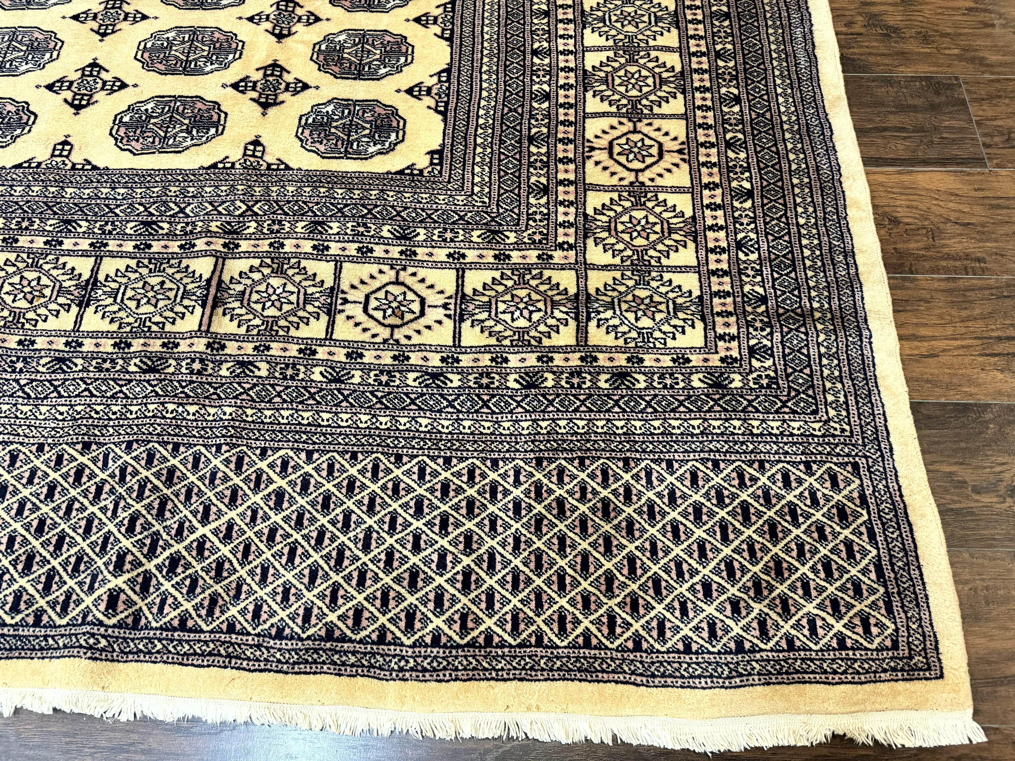 Pakistani Bokhara Turkoman Rug 9x11, Cream, Handmade Wool Vintage Carpet - Image 9