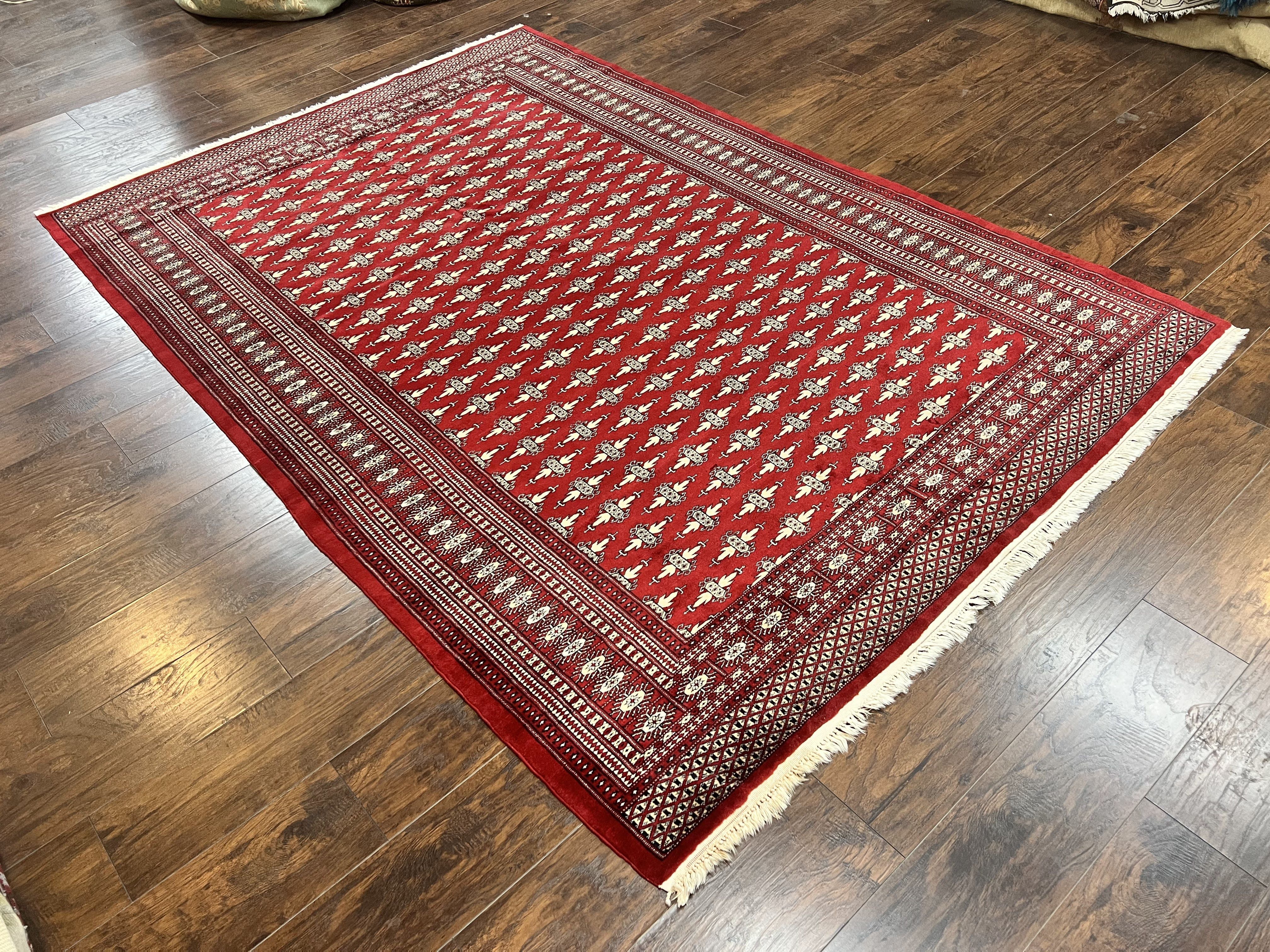 Pakistani Turkoman Bokhara Rug 6x9, Fine Wool Vintage Hand Knotted Handmade Yamud Oriental Carpet 6 x 9, Red Turkoman Rug, Tribal Rug - Image 12