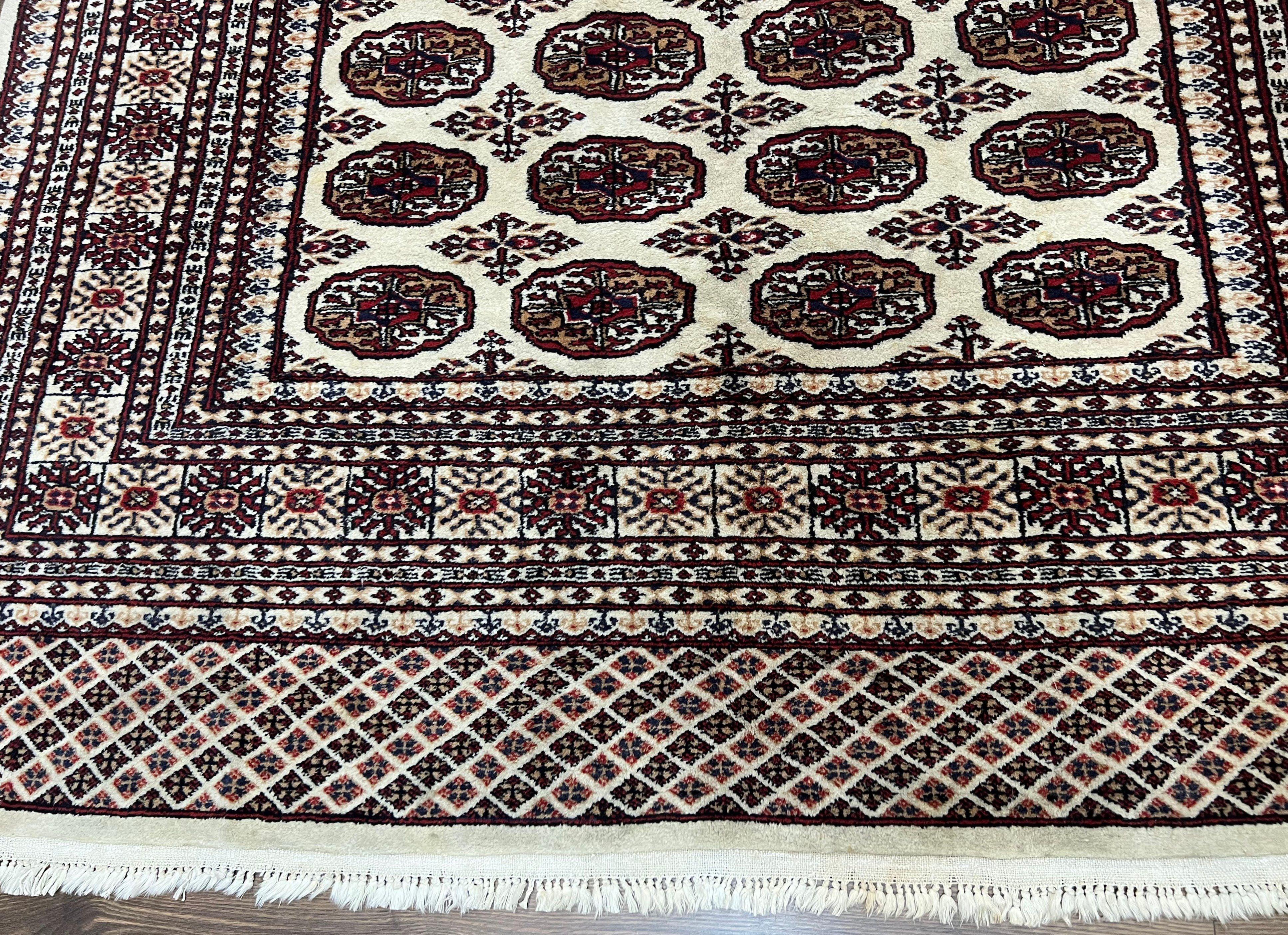Pakistani Turkoman Rug 6x9, Cream and Red Hand Knotted Wool Oriental Carpet, Yamud Rug, Tribal Rug 6 x 9, Bohemian Area Rug, Bokhara Rug - Image 5
