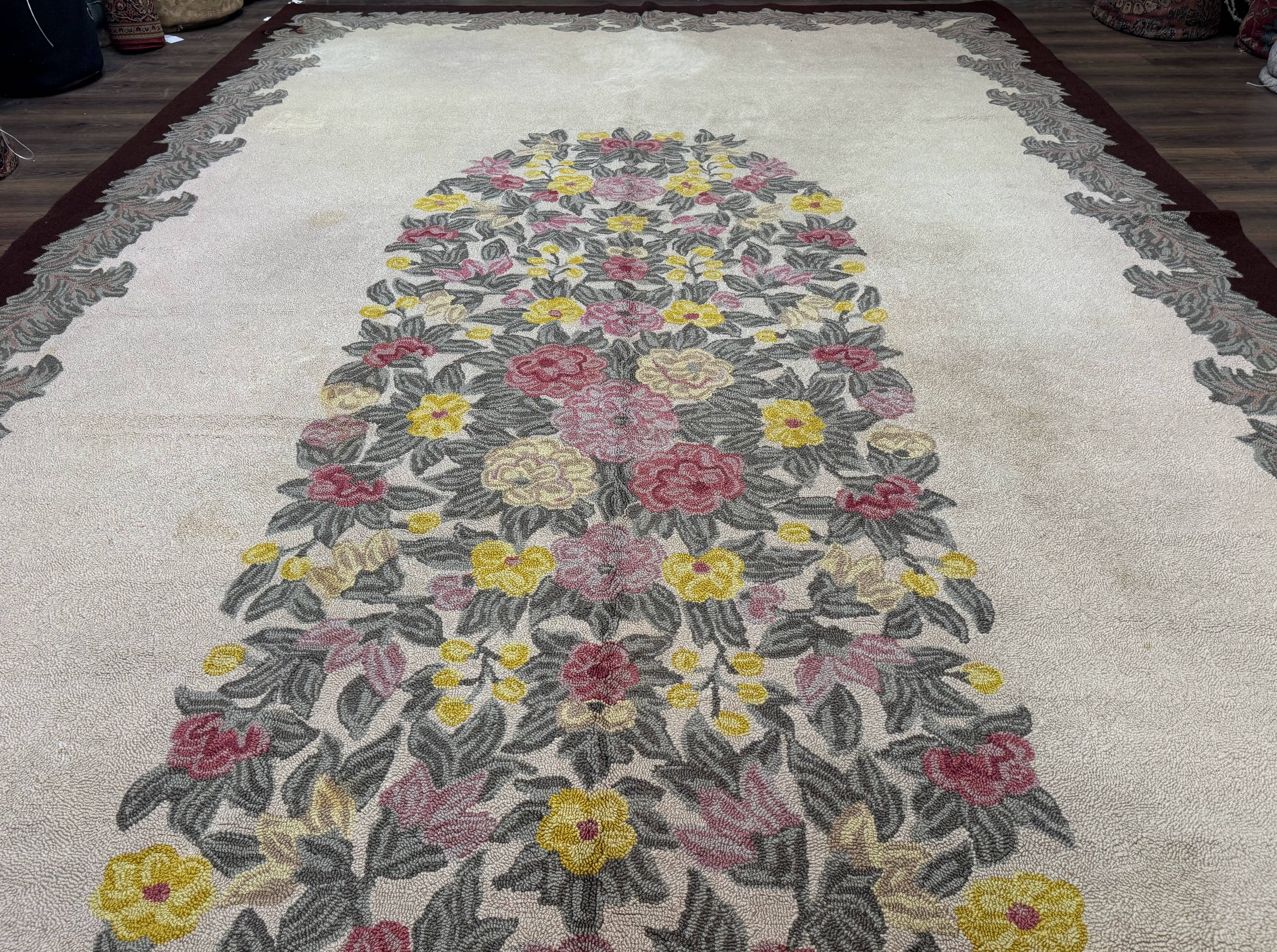 Palace Size American Hooked Rug 11x20 Aubusson Style Ivory - Image 12