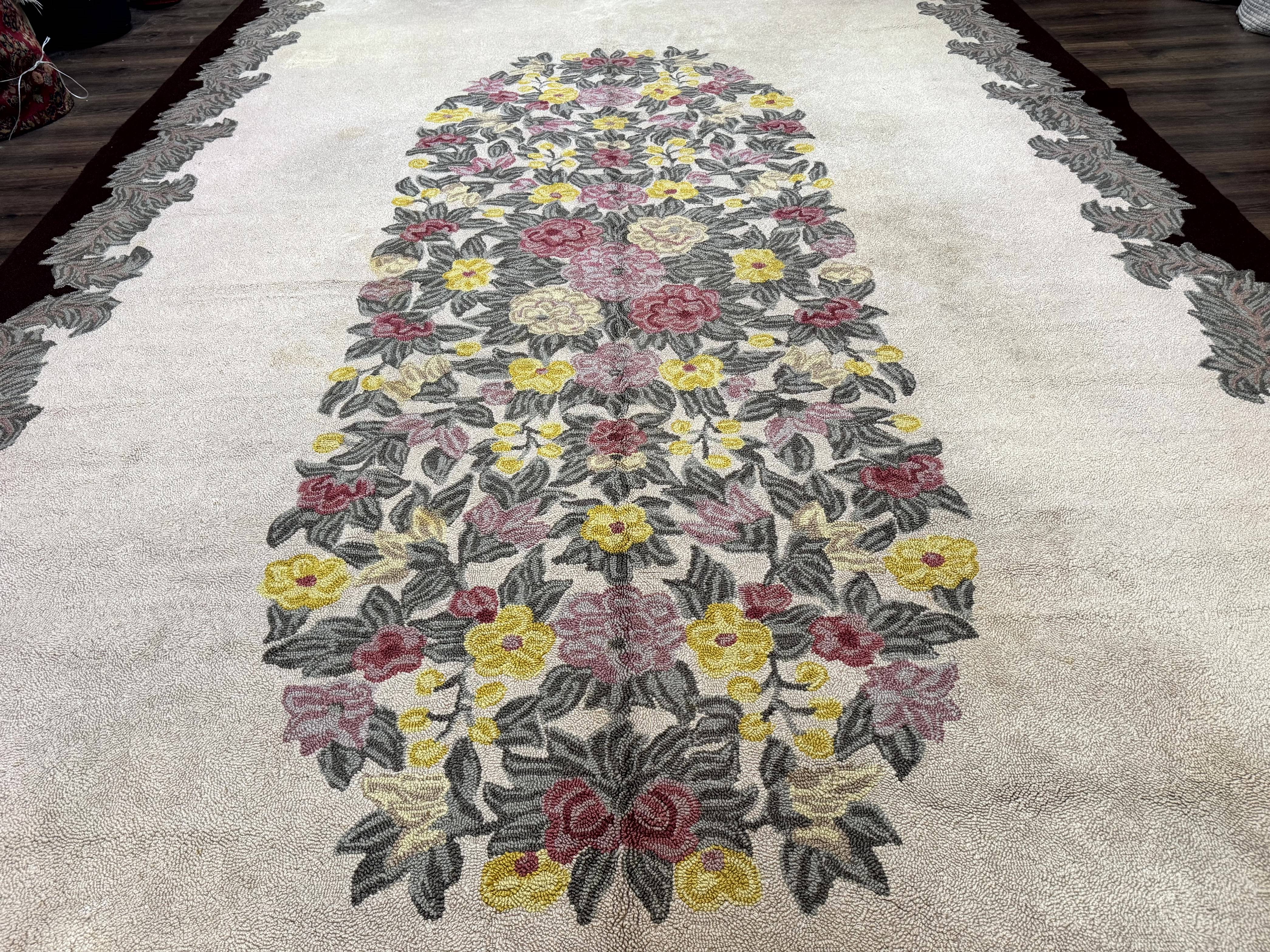 Palace Size American Hooked Rug 11x20 Aubusson Style Ivory - Image 5
