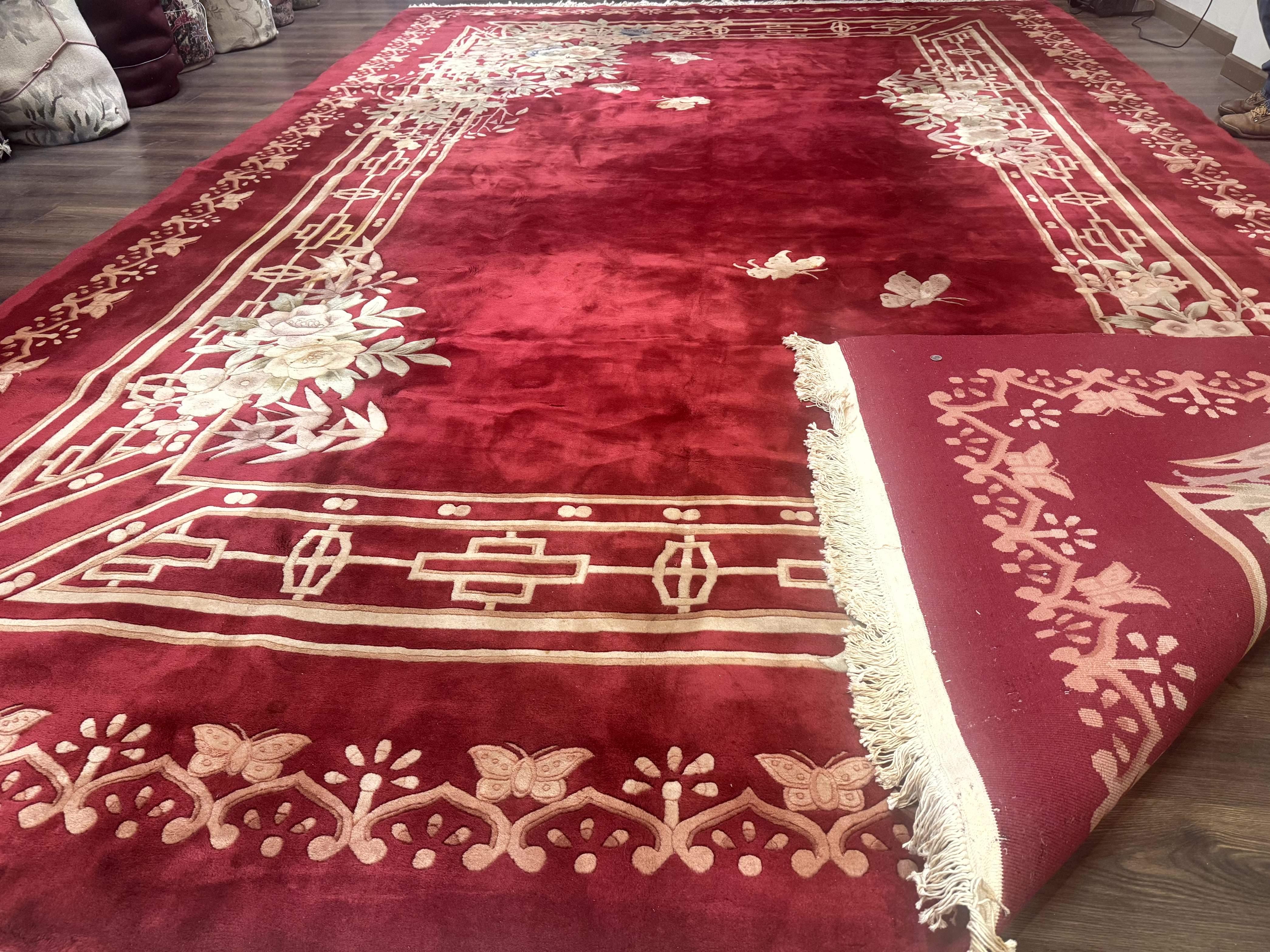 Palace Size Chinese Wool Rug 12x18, Red Art Deco Chinese Carving Carpet, Butterflies Flowers - Image 11
