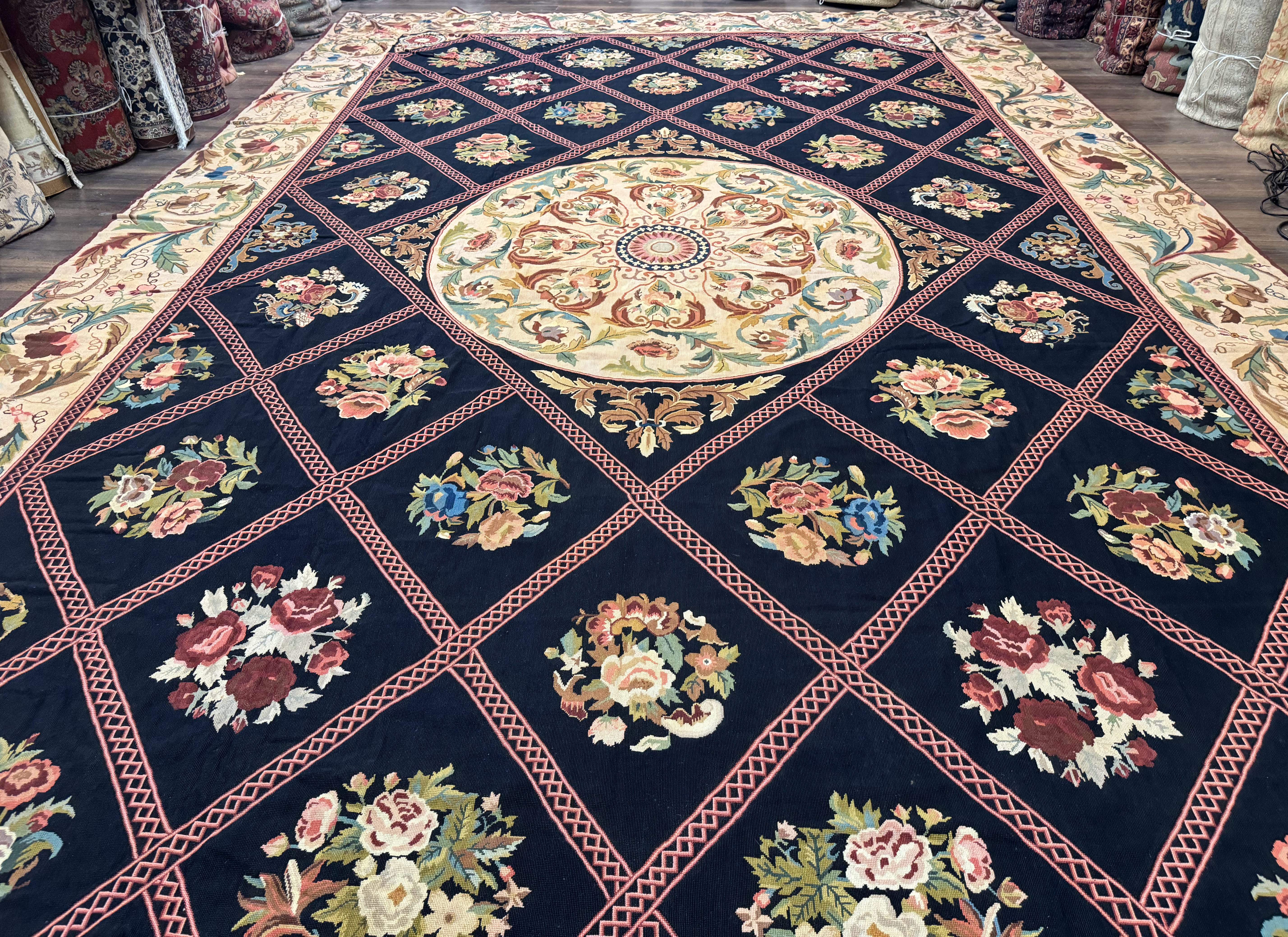 Palace Size Needlepoint Rug 12x20, European French English Aubusson Floral Design, Black and Beige - Image 11