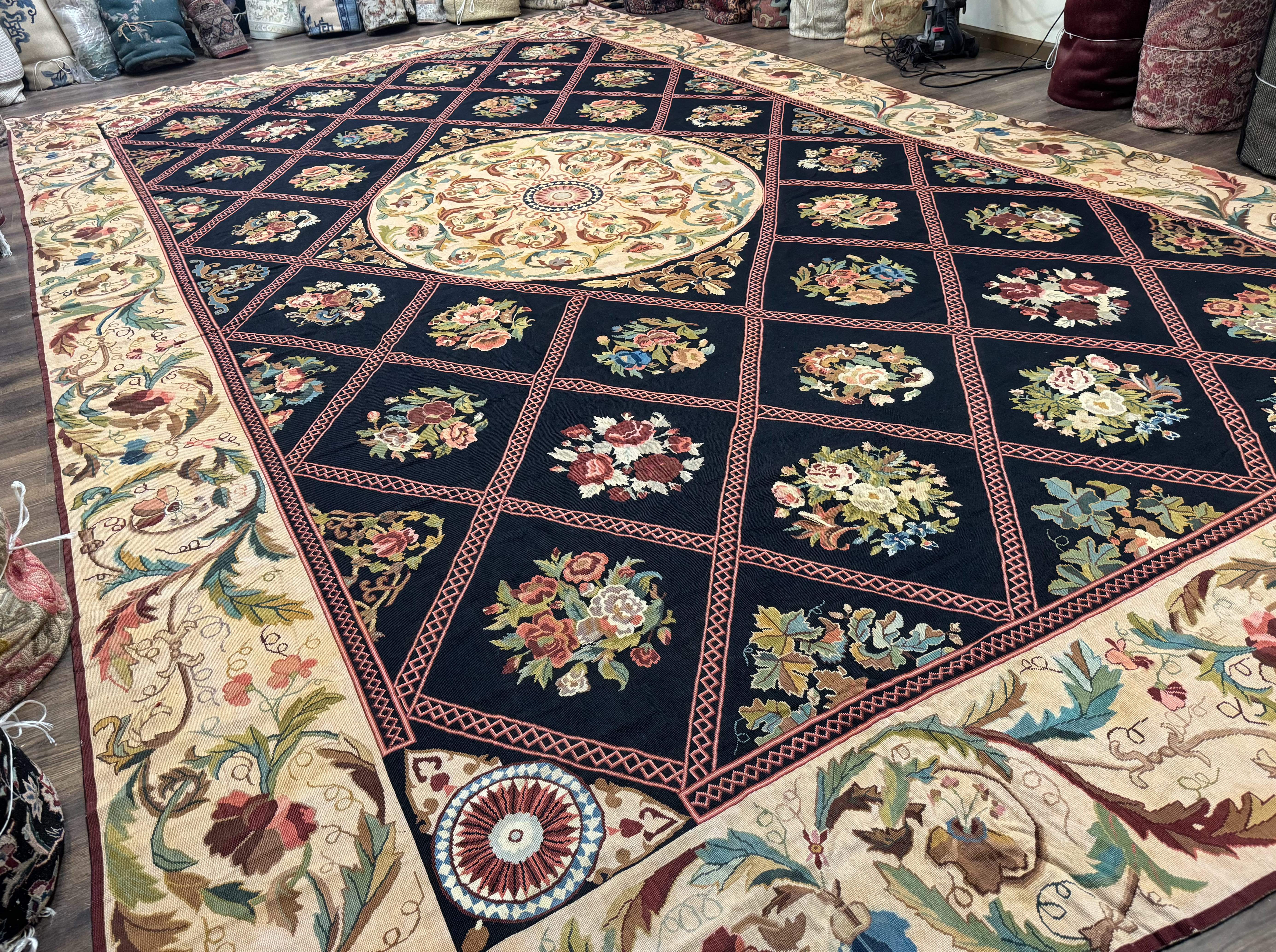 Palace Size Needlepoint Rug 12x20, European French English Aubusson Floral Design, Black and Beige - Image 12