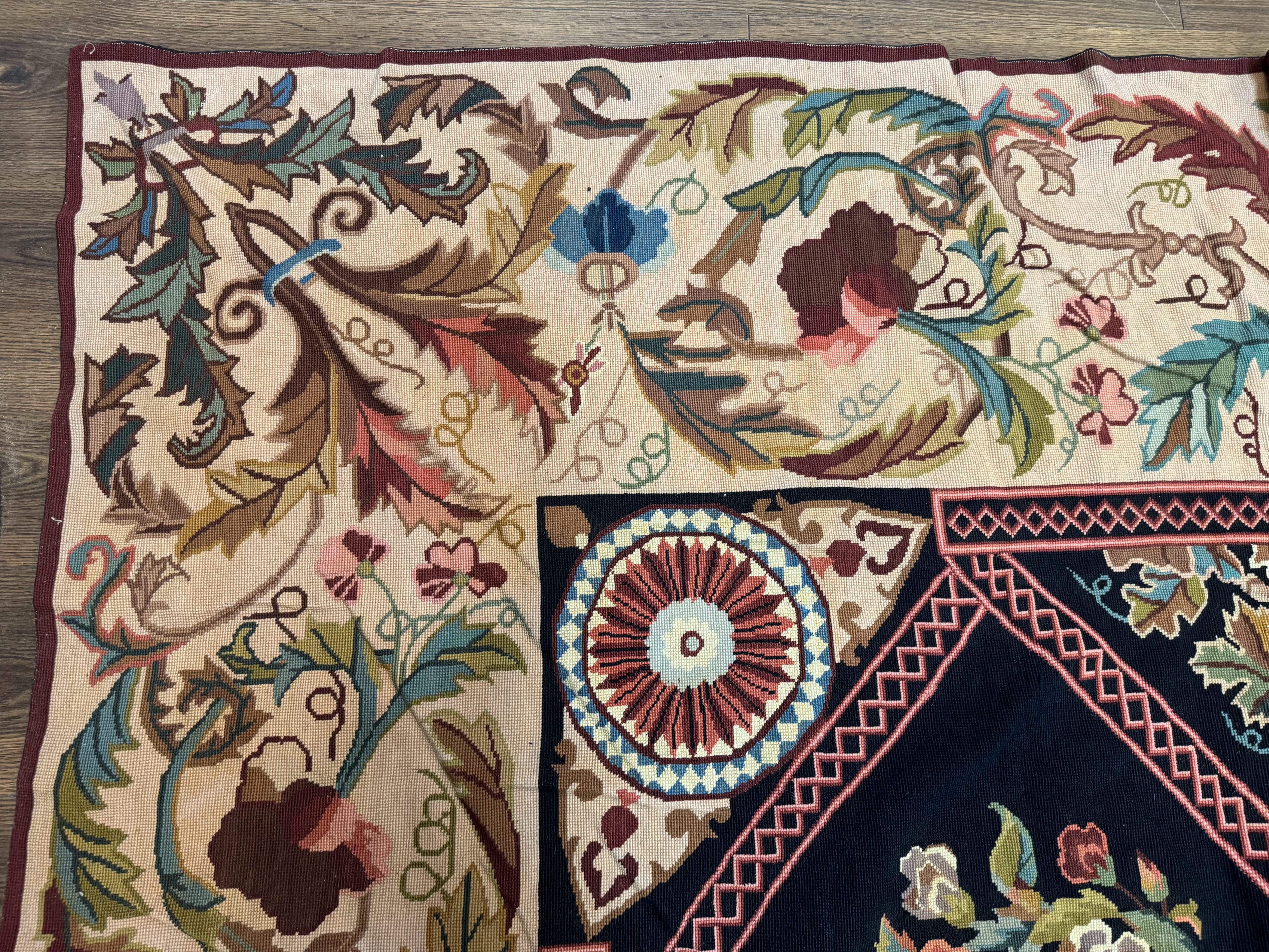 Palace Size Needlepoint Rug 12x20, European French English Aubusson Floral Design, Black and Beige - Image 6