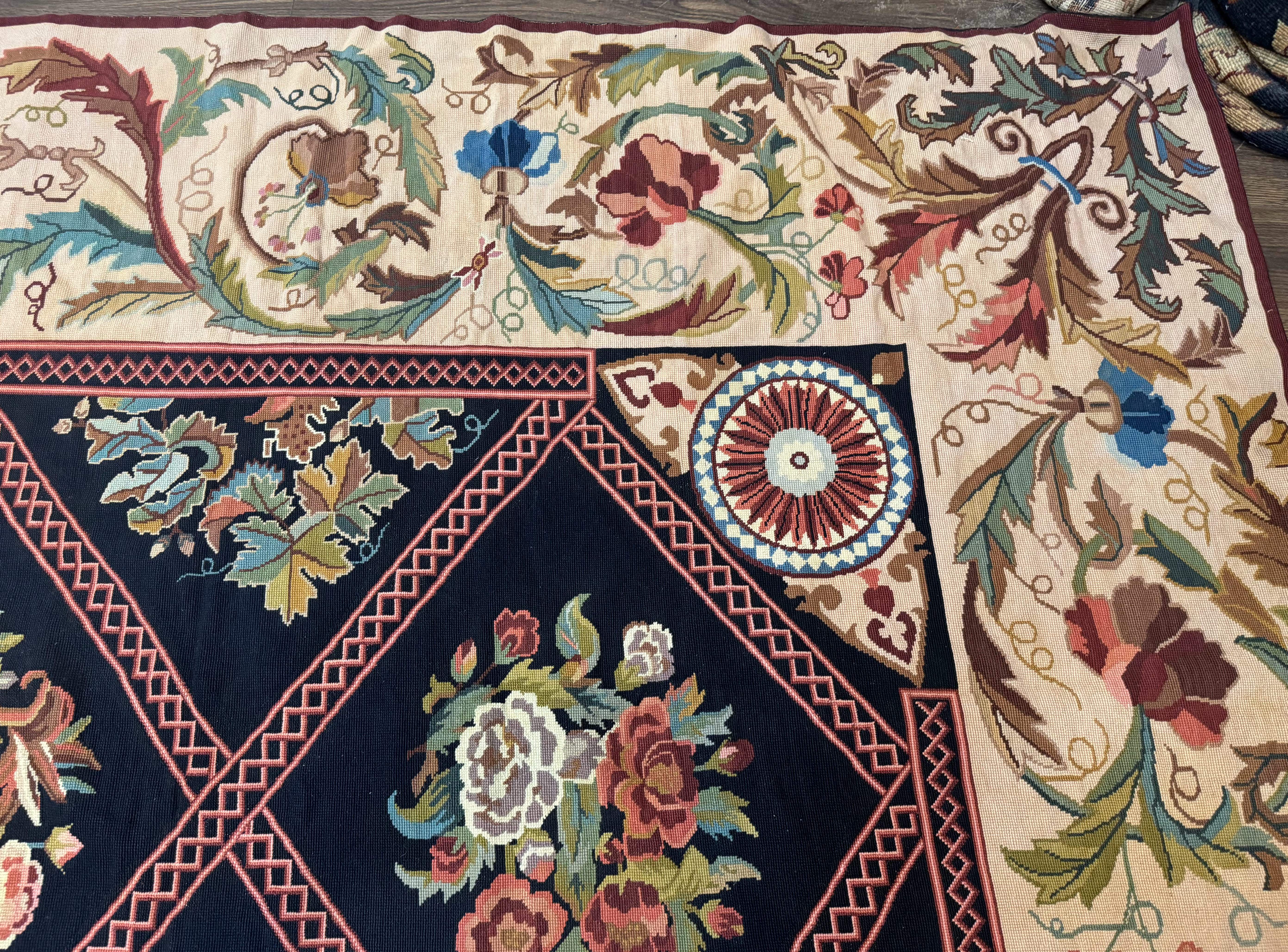 Palace Size Needlepoint Rug 12x20, European French English Aubusson Floral Design, Black and Beige - Image 7