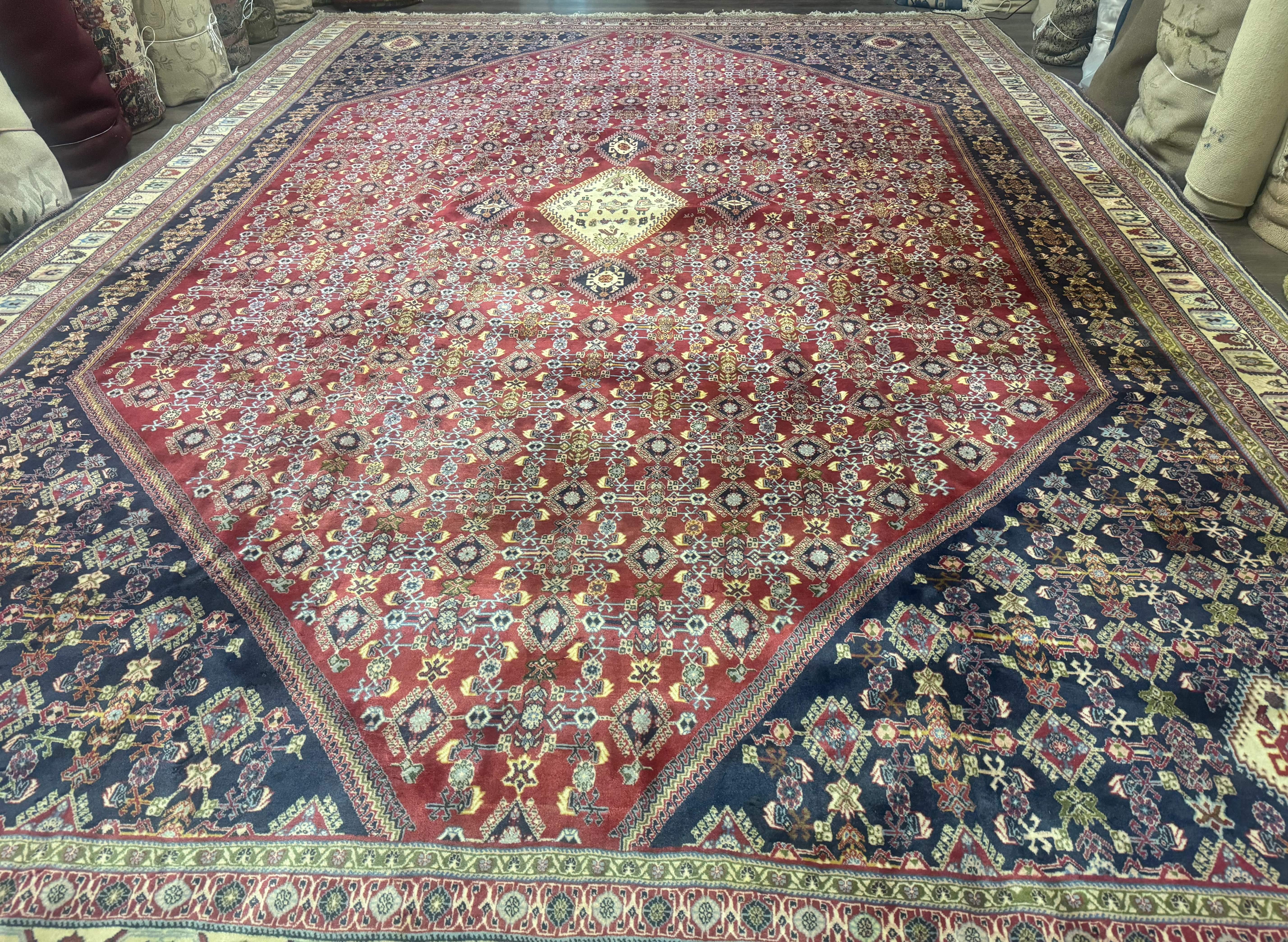 Palace Size Persian Shiraz Rug 13x19, Tribal Rug, Herati Pattern, Brick Red Navy Blue Beige, Oversized Persian Wool Area Rug, Extra Large - Image 5