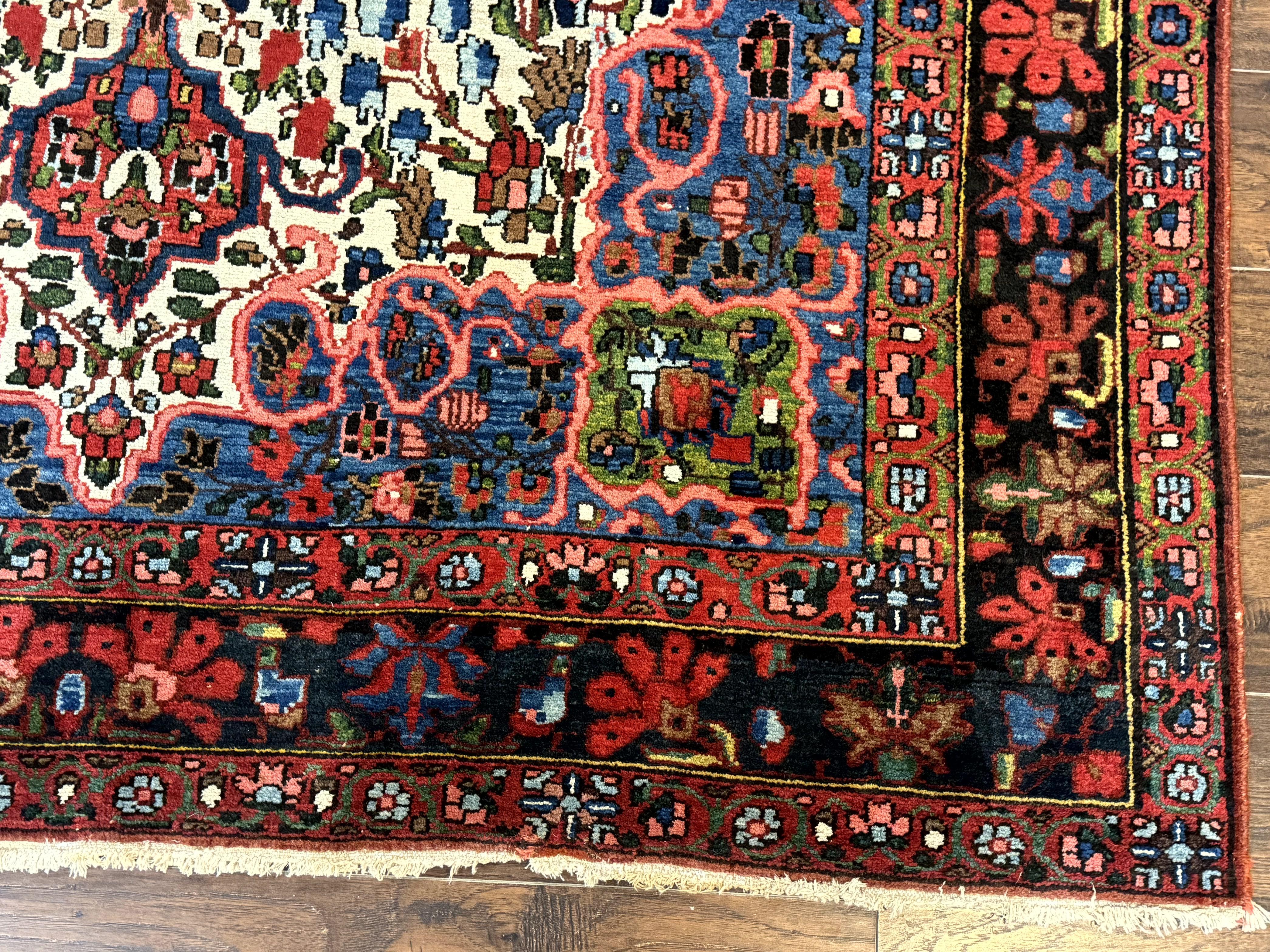 Persian Bakhtiari Rug 7x10, Antique Persian Carpet, Colorful, Great Colors, Ivory Red Blue, Rare Tribal Rug - Image 9