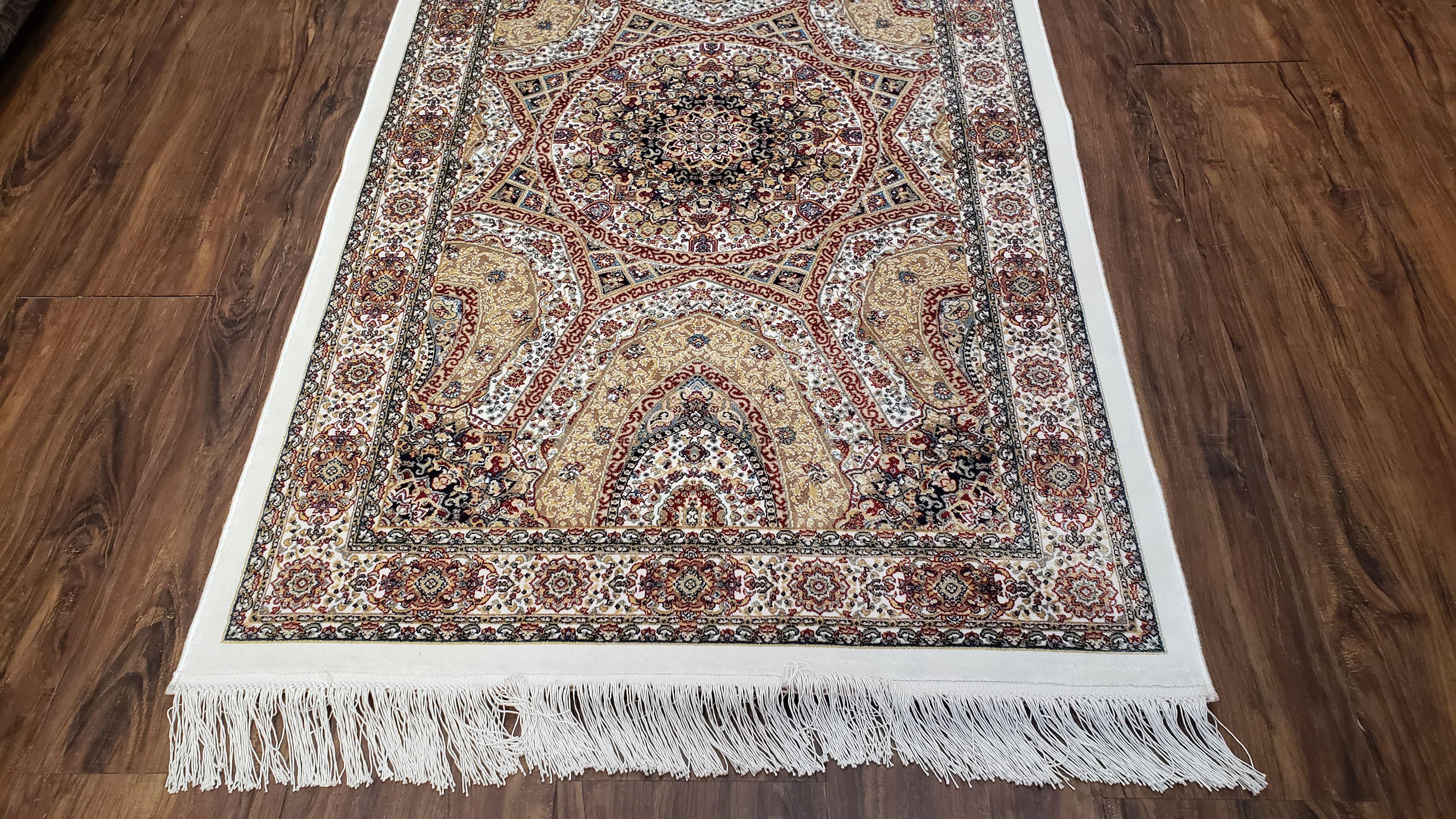 Persian Design Silk Accent Rug, Dome Medallion, Allover Pattern Oriental Carpet, Small Silk Rug, Cream, Ivory, Bamboo Silk, 2' 8" x 4' 1" - Image 12