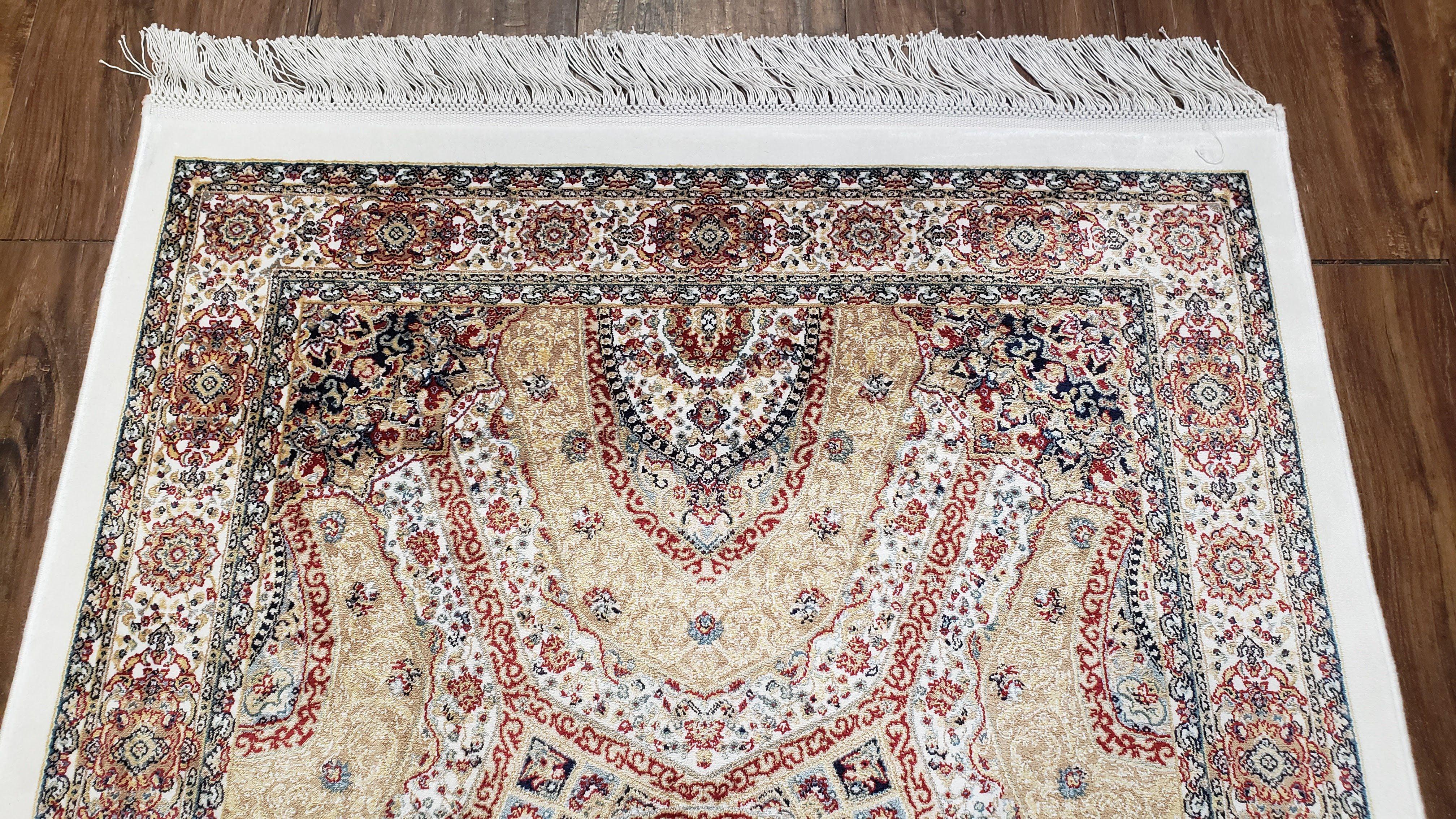 Persian Design Silk Accent Rug, Dome Medallion, Allover Pattern Oriental Carpet, Small Silk Rug, Cream, Ivory, Bamboo Silk, 2' 8" x 4' 1" - Image 3