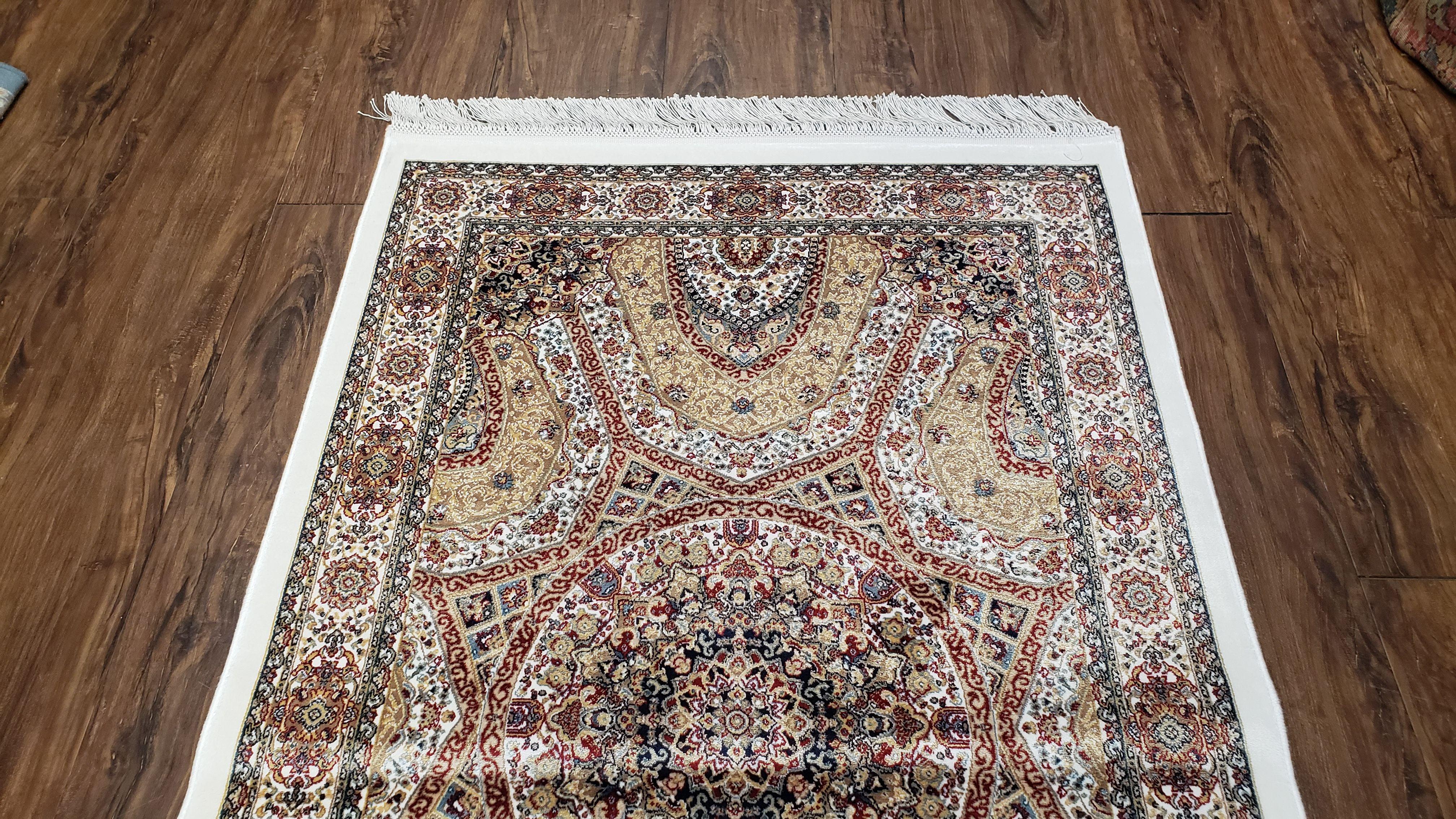 Persian Design Silk Accent Rug, Dome Medallion, Allover Pattern Oriental Carpet, Small Silk Rug, Cream, Ivory, Bamboo Silk, 2' 8" x 4' 1" - Image 4