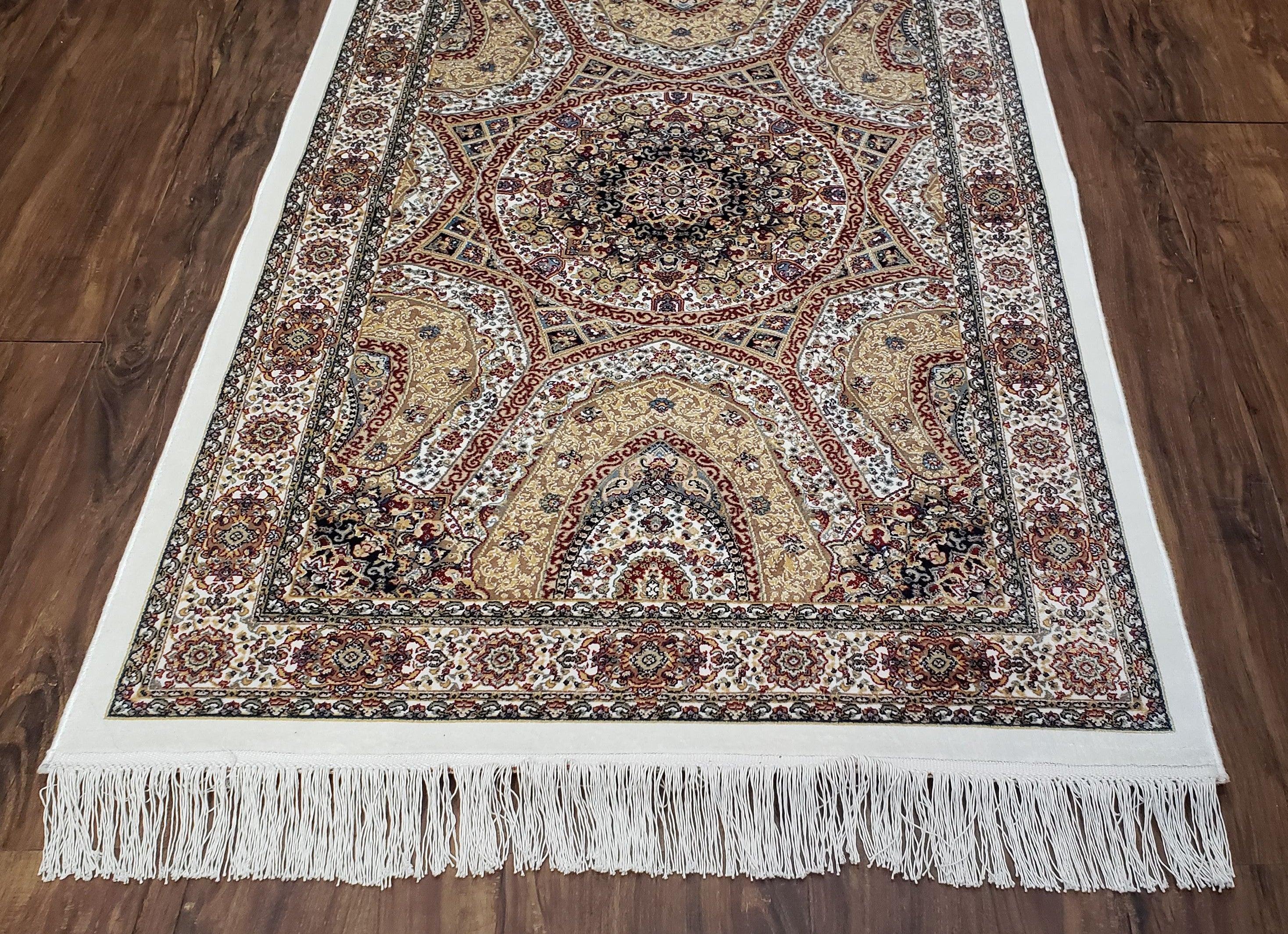 Persian Design Silk Accent Rug, Dome Medallion, Allover Pattern Oriental Carpet, Small Silk Rug, Cream, Ivory, Bamboo Silk, 2' 8" x 4' 1" - Image 5