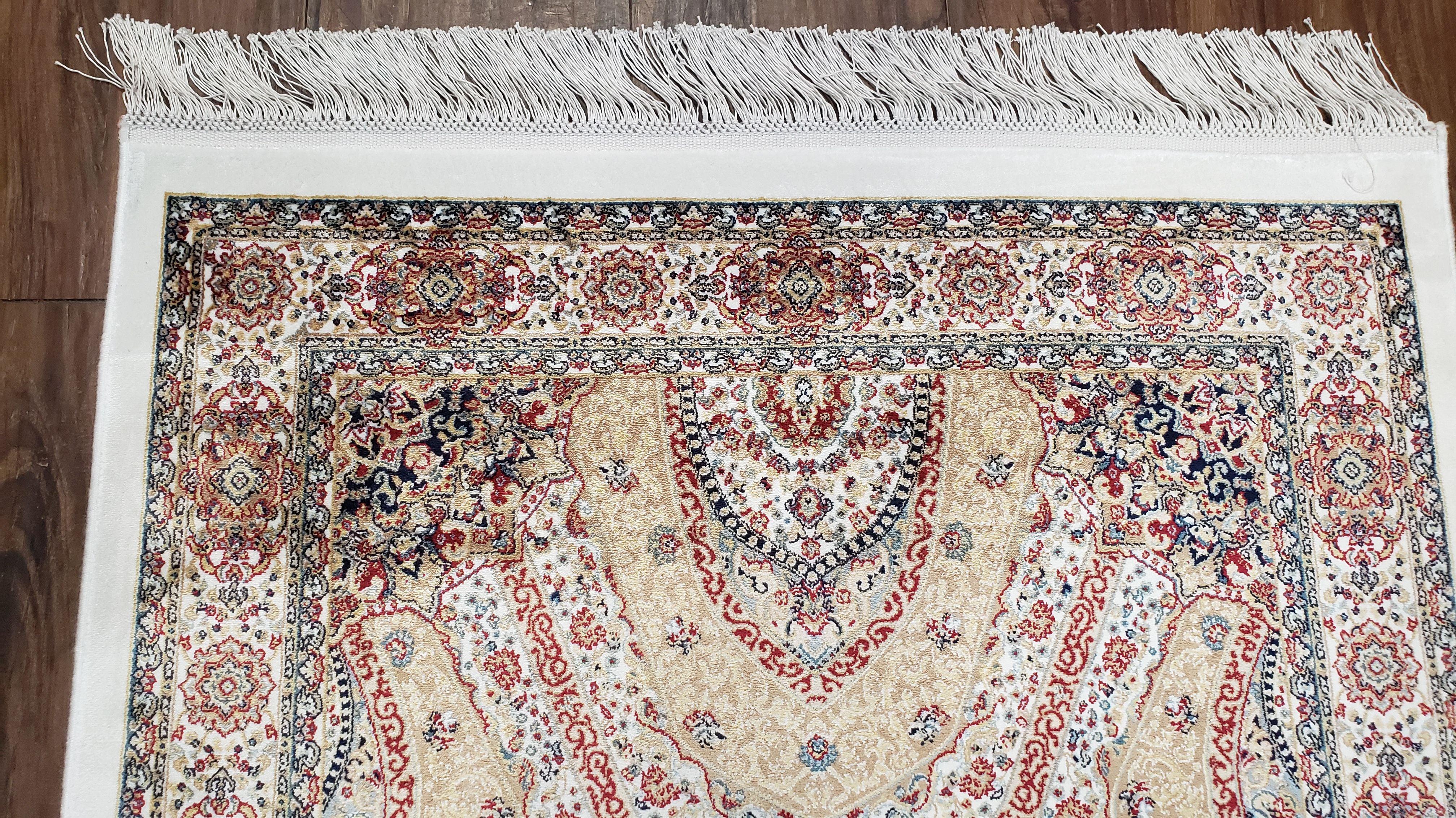 Persian Design Silk Accent Rug, Dome Medallion, Allover Pattern Oriental Carpet, Small Silk Rug, Cream, Ivory, Bamboo Silk, 2' 8" x 4' 1" - Image 6