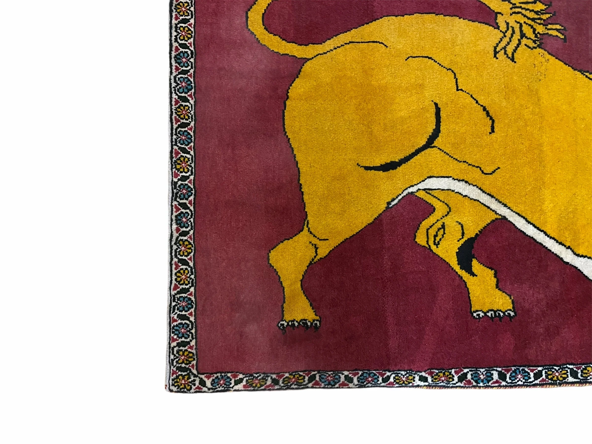 Persian Gabbeh Rug 3x4, Lion Pictorial, Red - Image 6