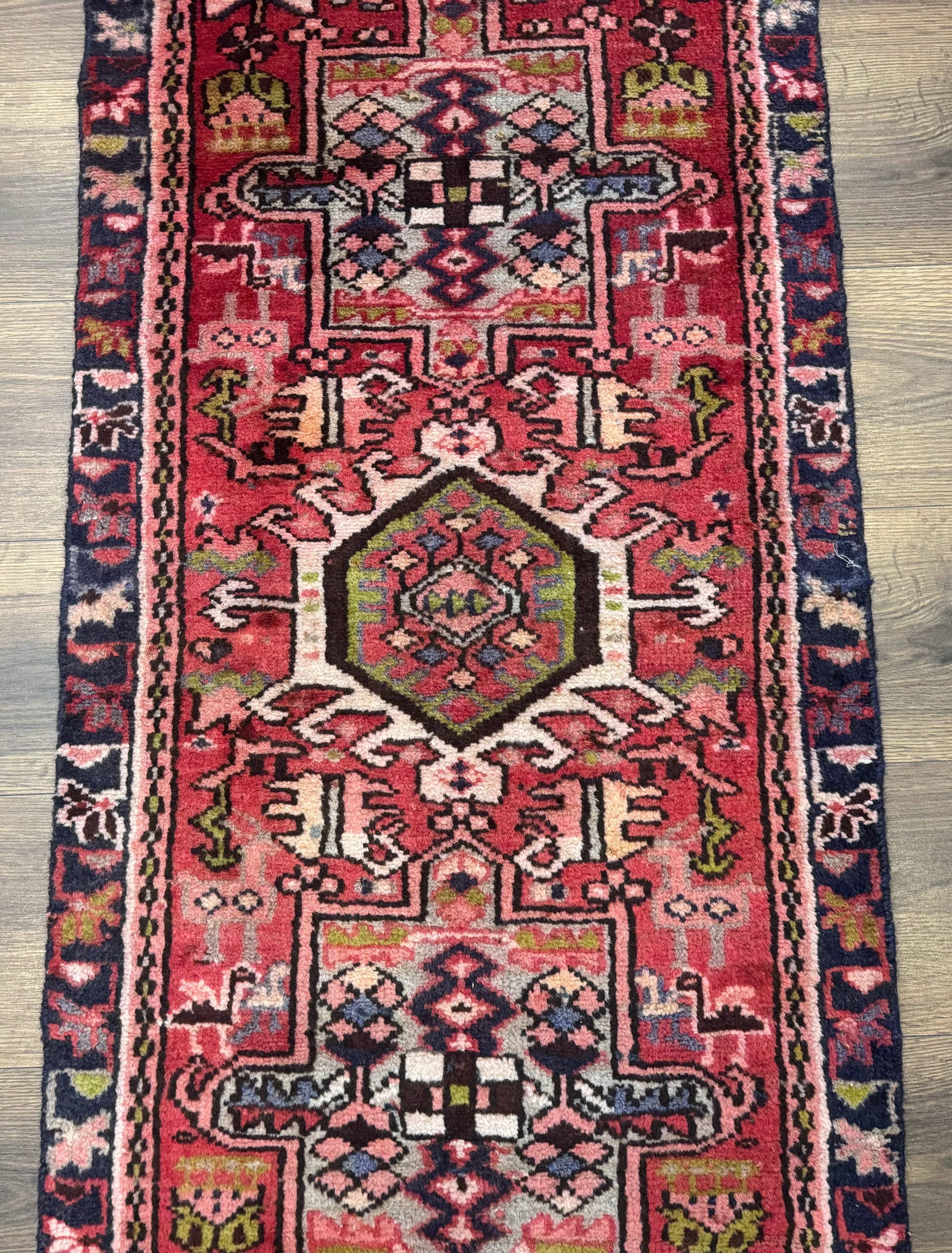 Persian Heriz Karajeh Runner Rug 2x9, Geometric Medallions, Red Navy Blue, 2 x 9 Rug for Hallway - Image 4
