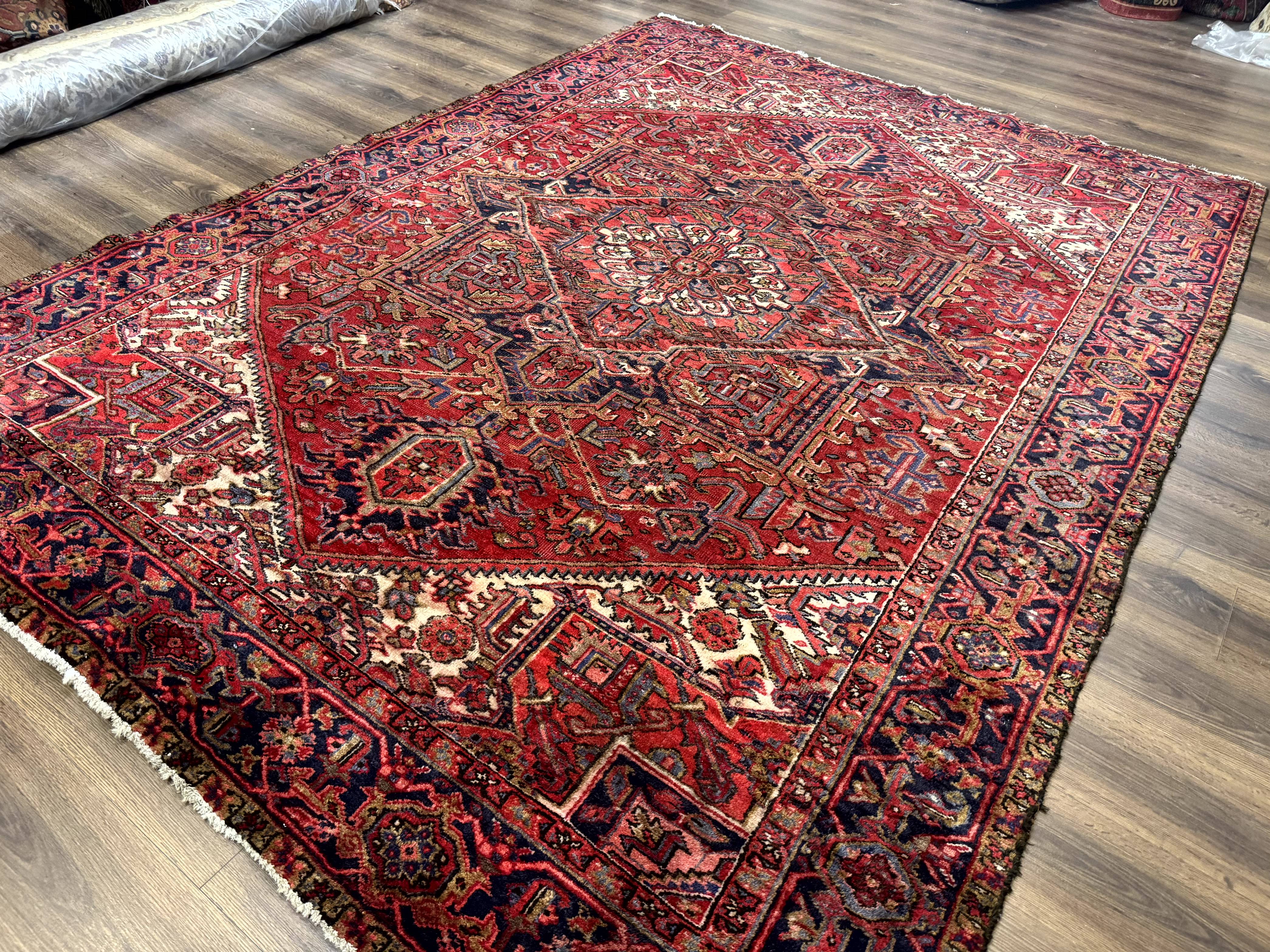 Persian Heriz Rug 7x10, Geometric Pattern, Red Ivory Navy Blue - Image 2