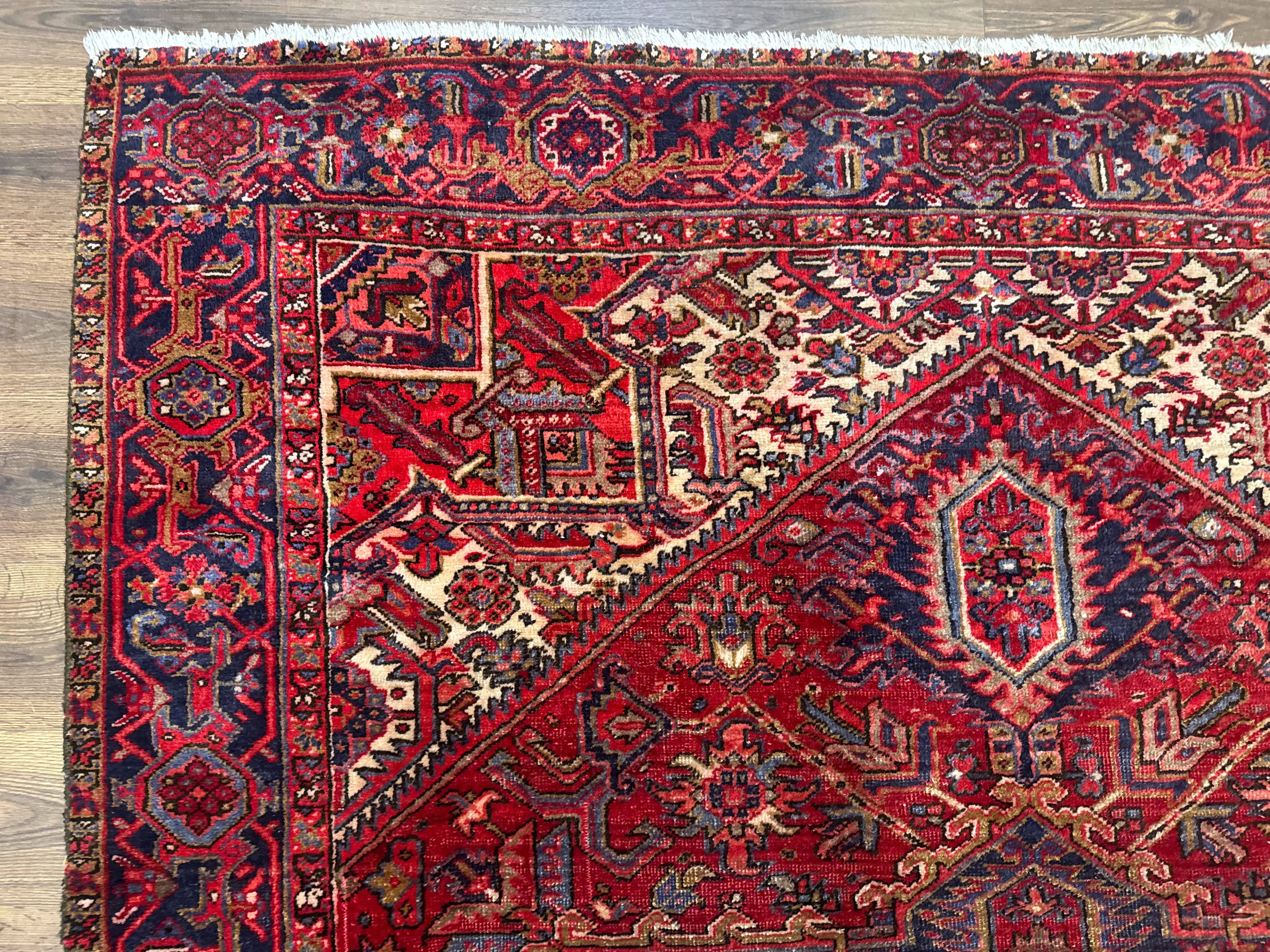 Persian Heriz Rug 7x10, Geometric Pattern, Red Ivory Navy Blue - Image 6