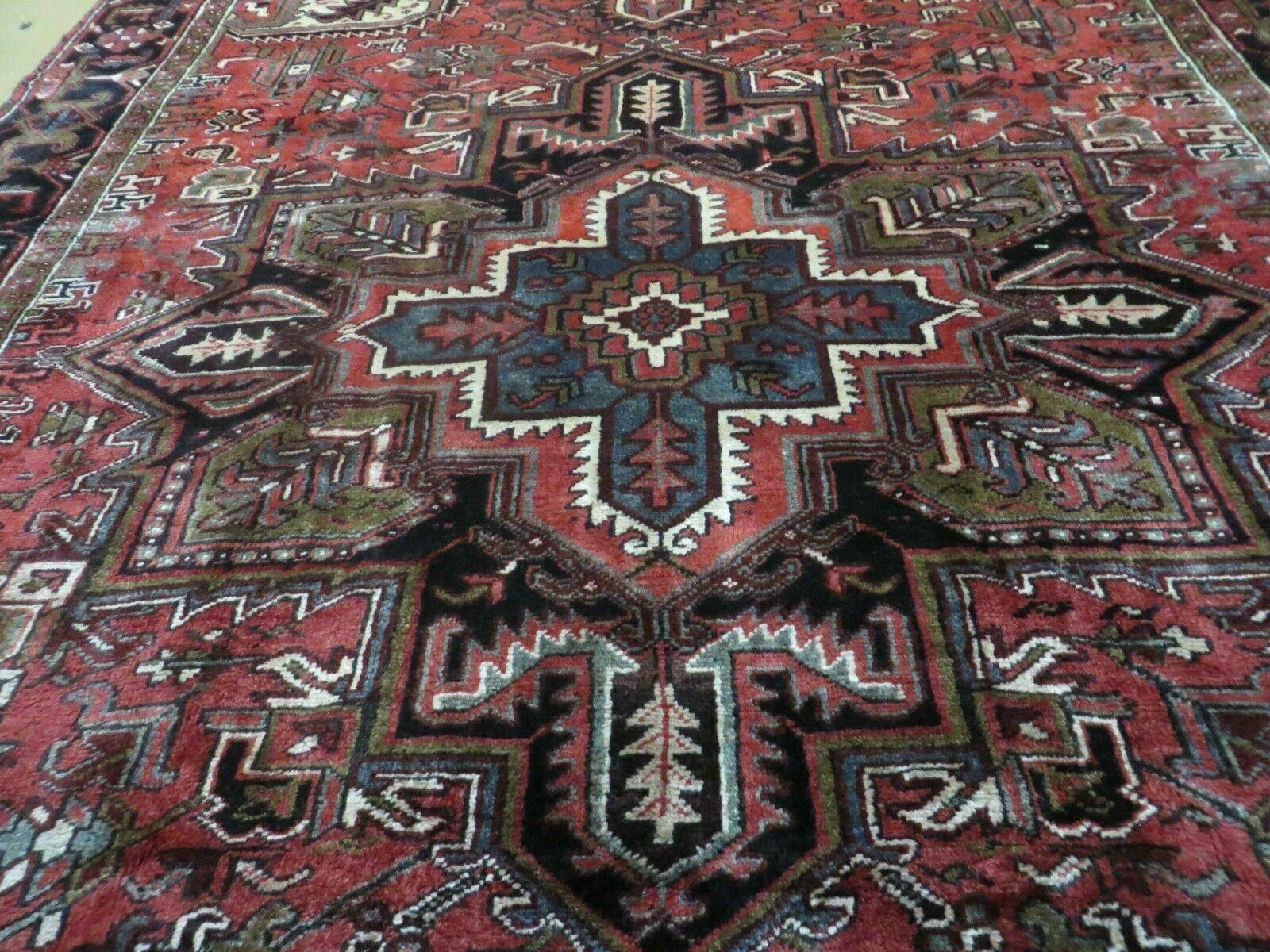 Persian Heriz Rug 8x12 Semi Antique Heriz Carpet, Room Sized Persian Carpet, Geometric Medallion, Wool, Hand Knotted, Red Ivory Dark Blue - Image 4