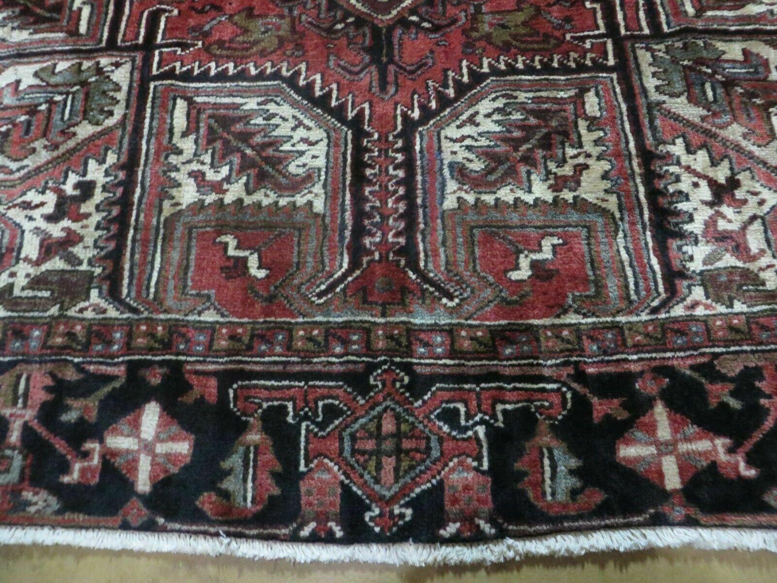 Persian Heriz Rug 8x12 Semi Antique Heriz Carpet, Room Sized Persian Carpet, Geometric Medallion, Wool, Hand Knotted, Red Ivory Dark Blue - Image 5