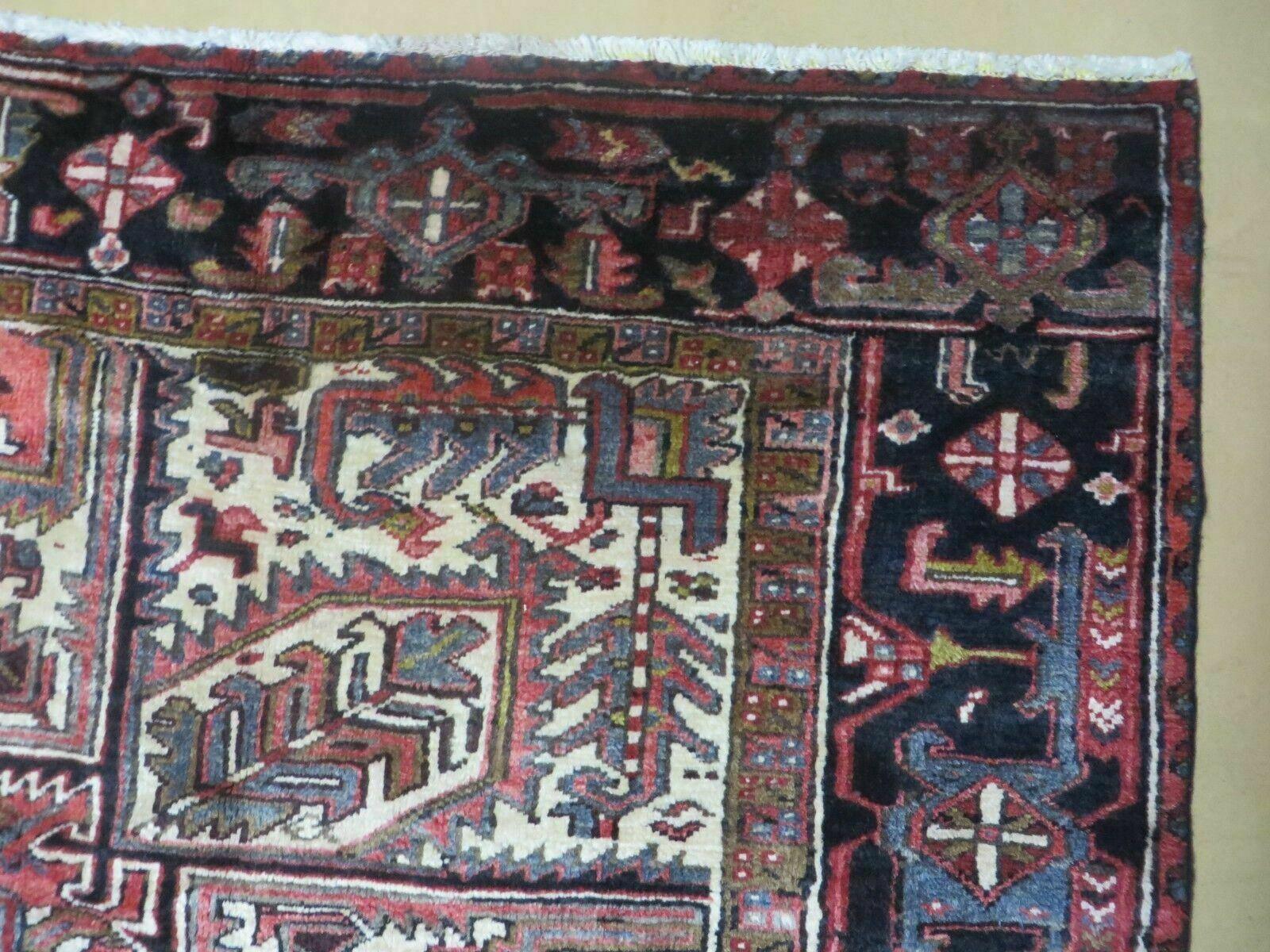 Persian Heriz Rug 8x12 Semi Antique Heriz Carpet, Room Sized Persian Carpet, Geometric Medallion, Wool, Hand Knotted, Red Ivory Dark Blue - Image 7