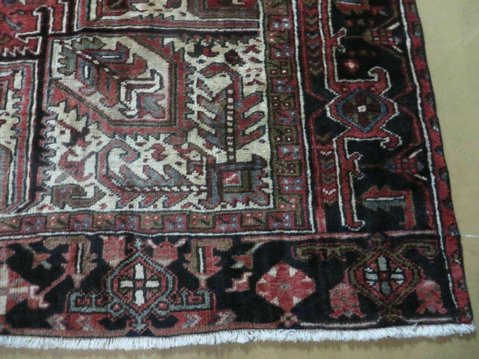 Persian Heriz Rug 8x12 Semi Antique Heriz Carpet, Room Sized Persian Carpet, Geometric Medallion, Wool, Hand Knotted, Red Ivory Dark Blue - Image 9