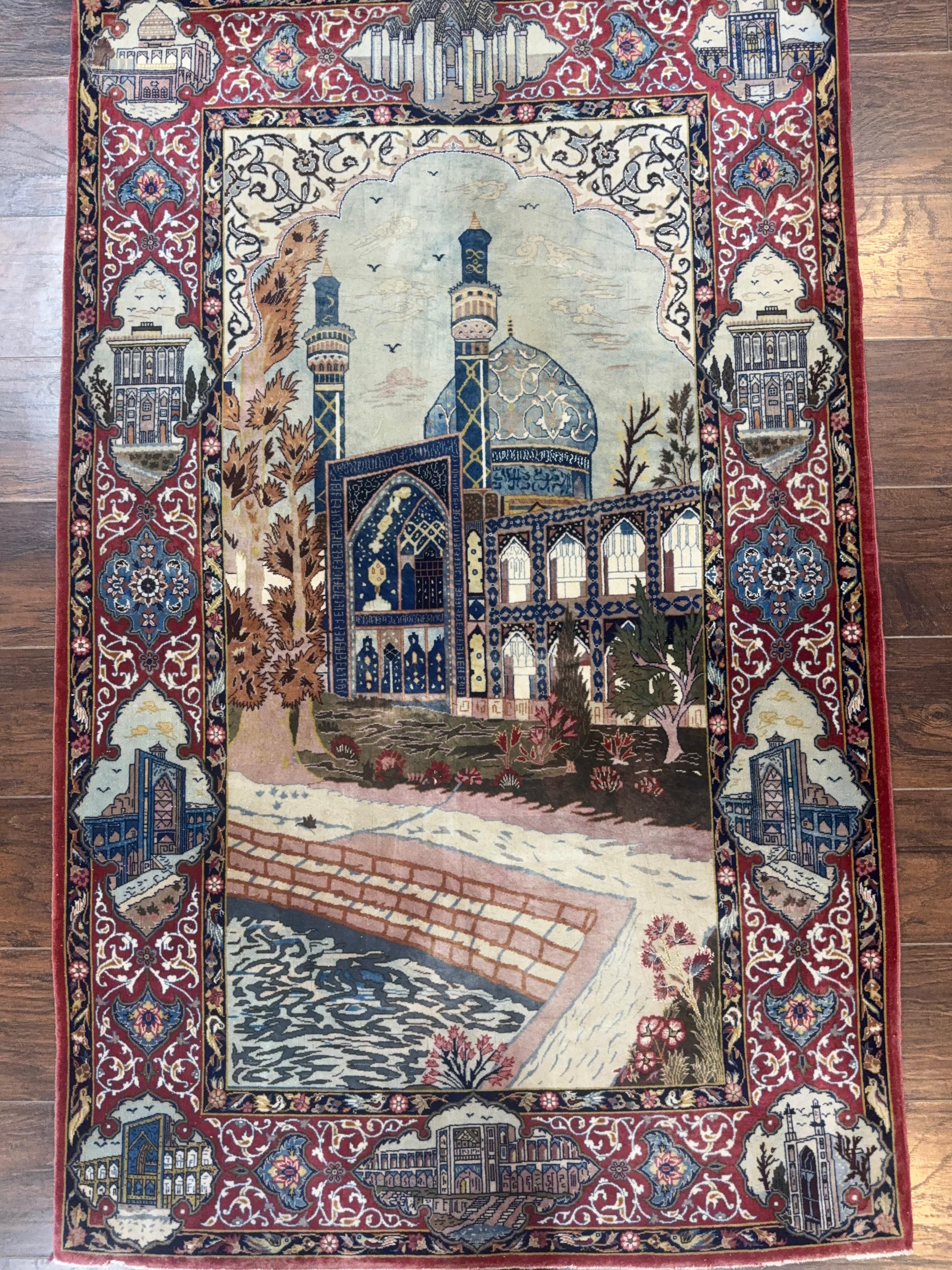 Persian Isfahan Pictorial Rug 3.6 x 5.7, Very Fine 400 KPSI, Historical Buildings, Signed By Masterweaver, Handmade - Image 13