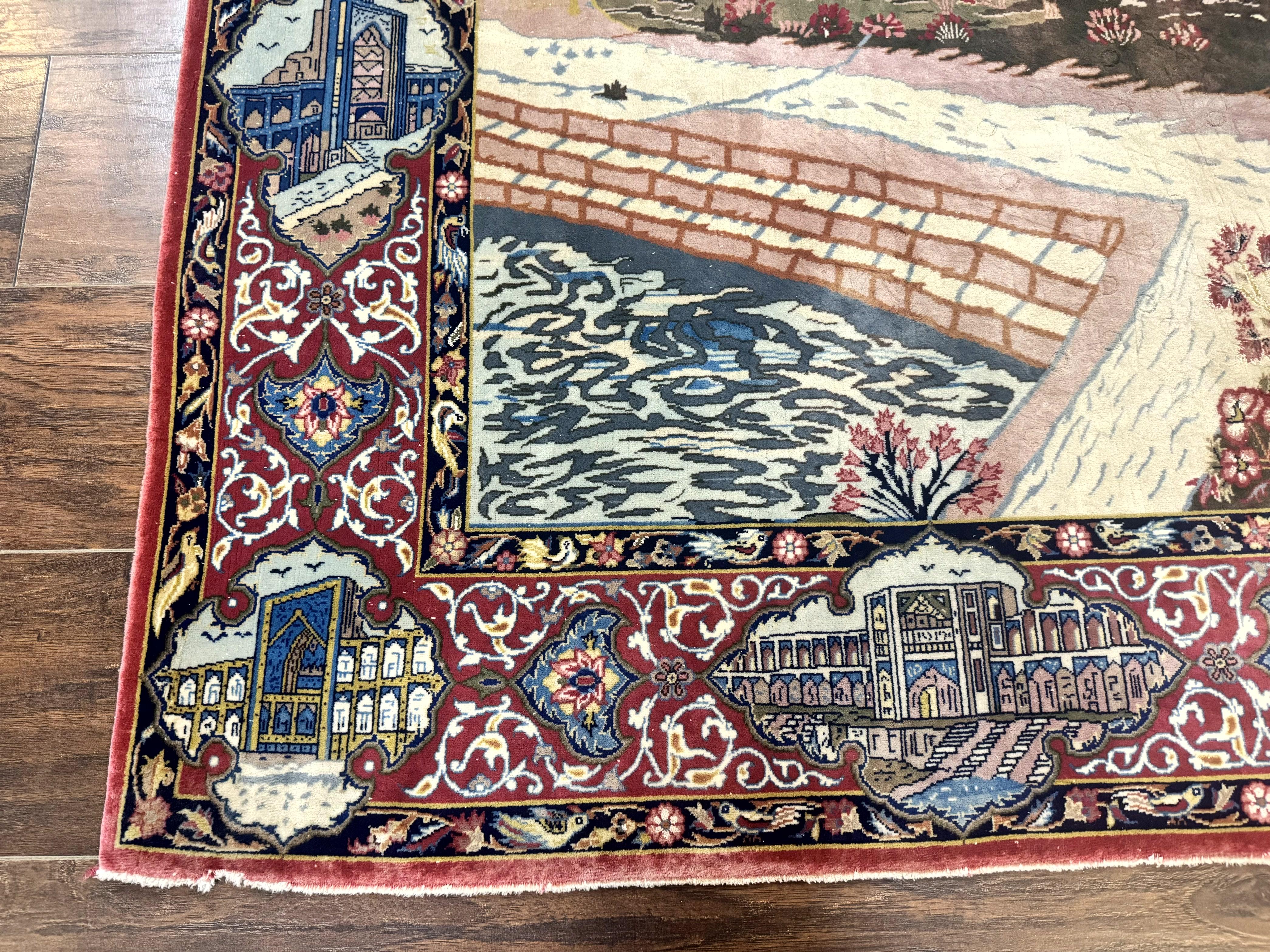 Persian Isfahan Pictorial Rug 3.6 x 5.7, Very Fine 400 KPSI, Historical Buildings, Signed By Masterweaver, Handmade - Image 9