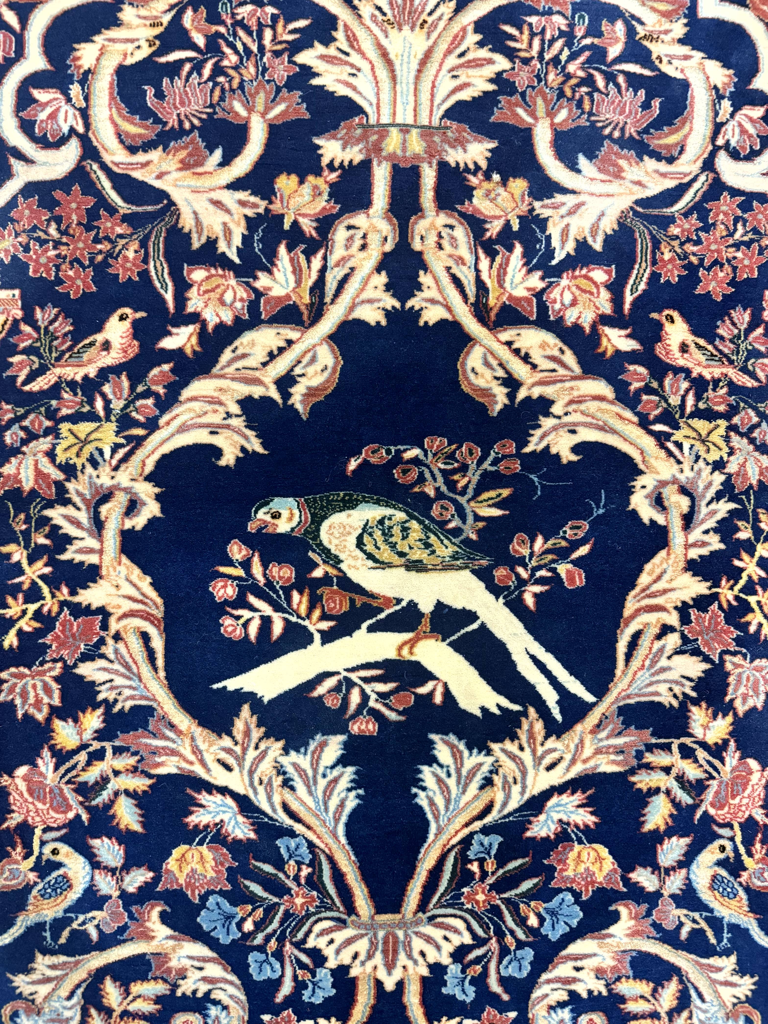 Persian Isfahan Rug 2x4, Birds, Navy Blue, Kork Wool on Silk Foundation, 460 KPSI - Image 12