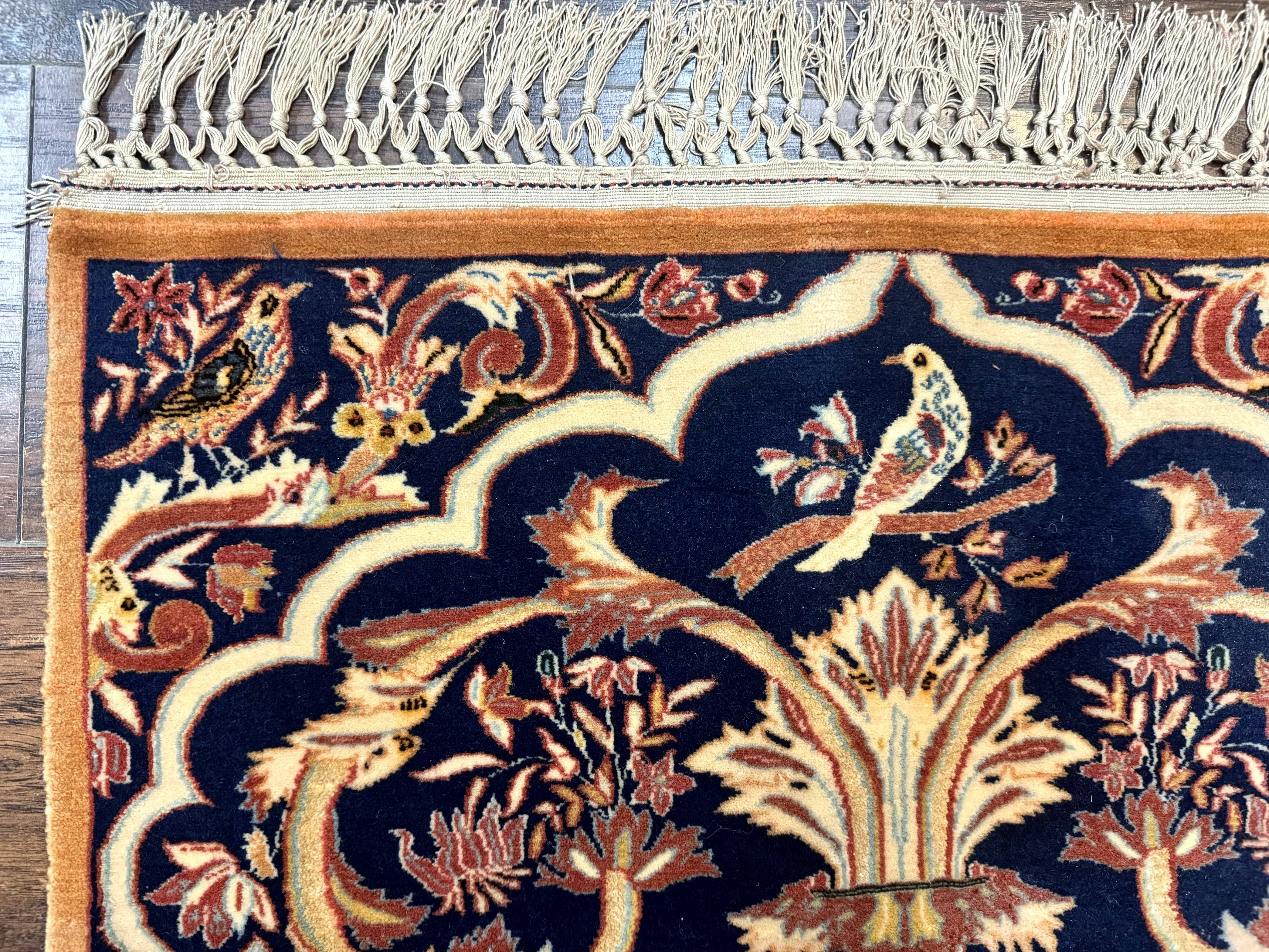 Persian Isfahan Rug 2x4, Birds, Navy Blue, Kork Wool on Silk Foundation, 460 KPSI - Image 6