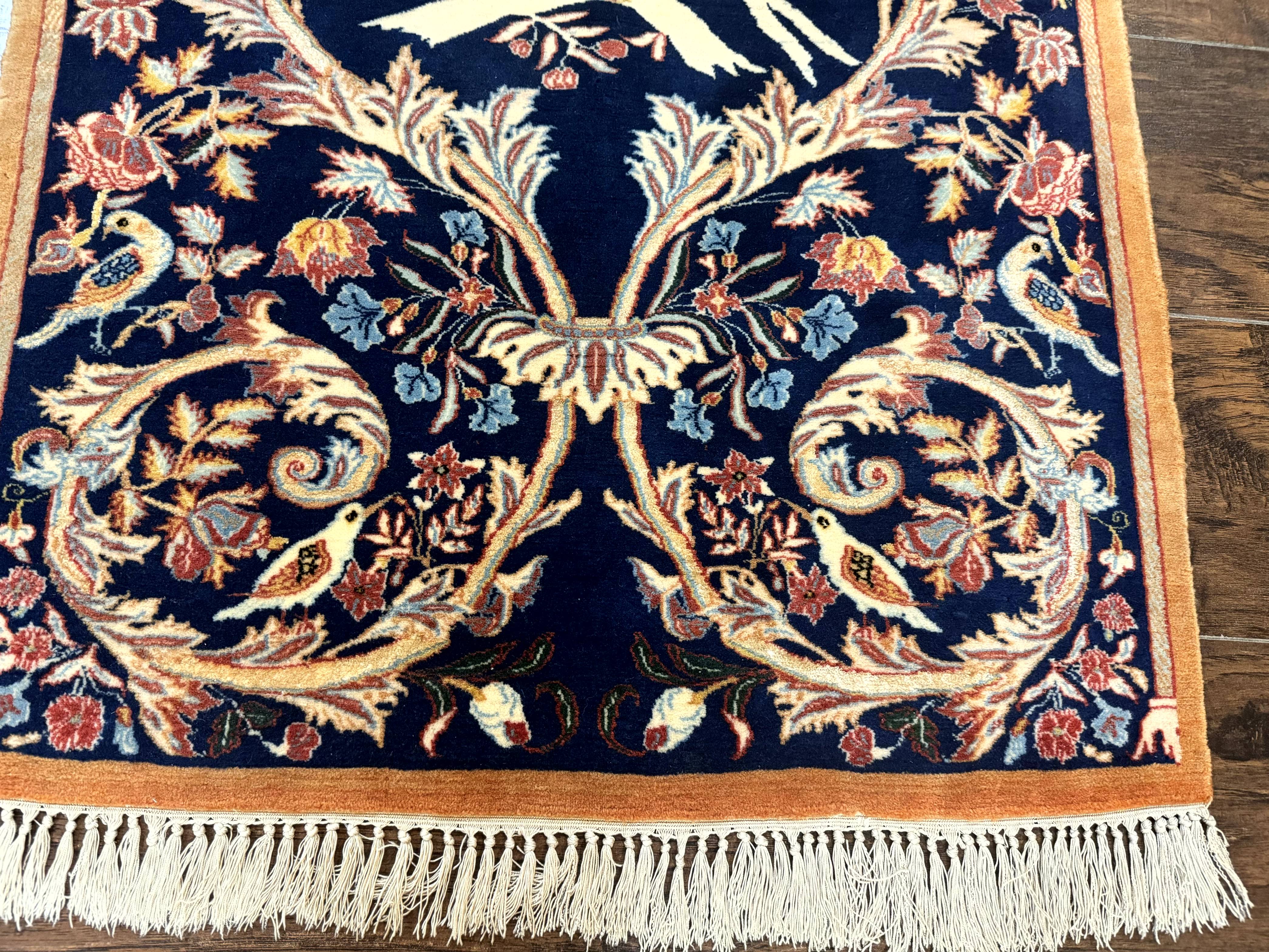 Persian Isfahan Rug 2x4, Birds, Navy Blue, Kork Wool on Silk Foundation, 460 KPSI - Image 9