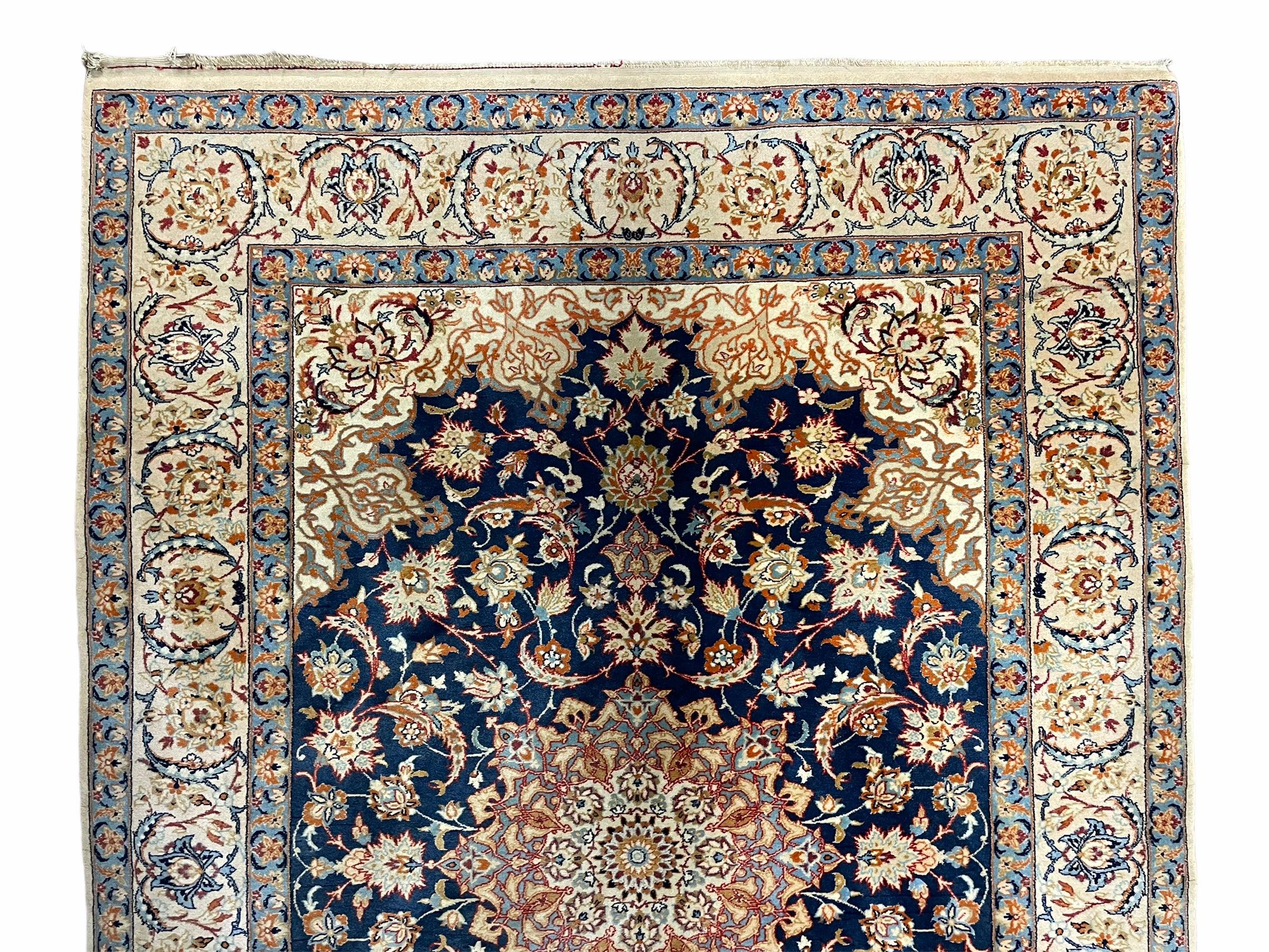 Persian Isfahan Rug 4x5, Navy Blue & Ivory, Wool and Silk Highlights - Image 3
