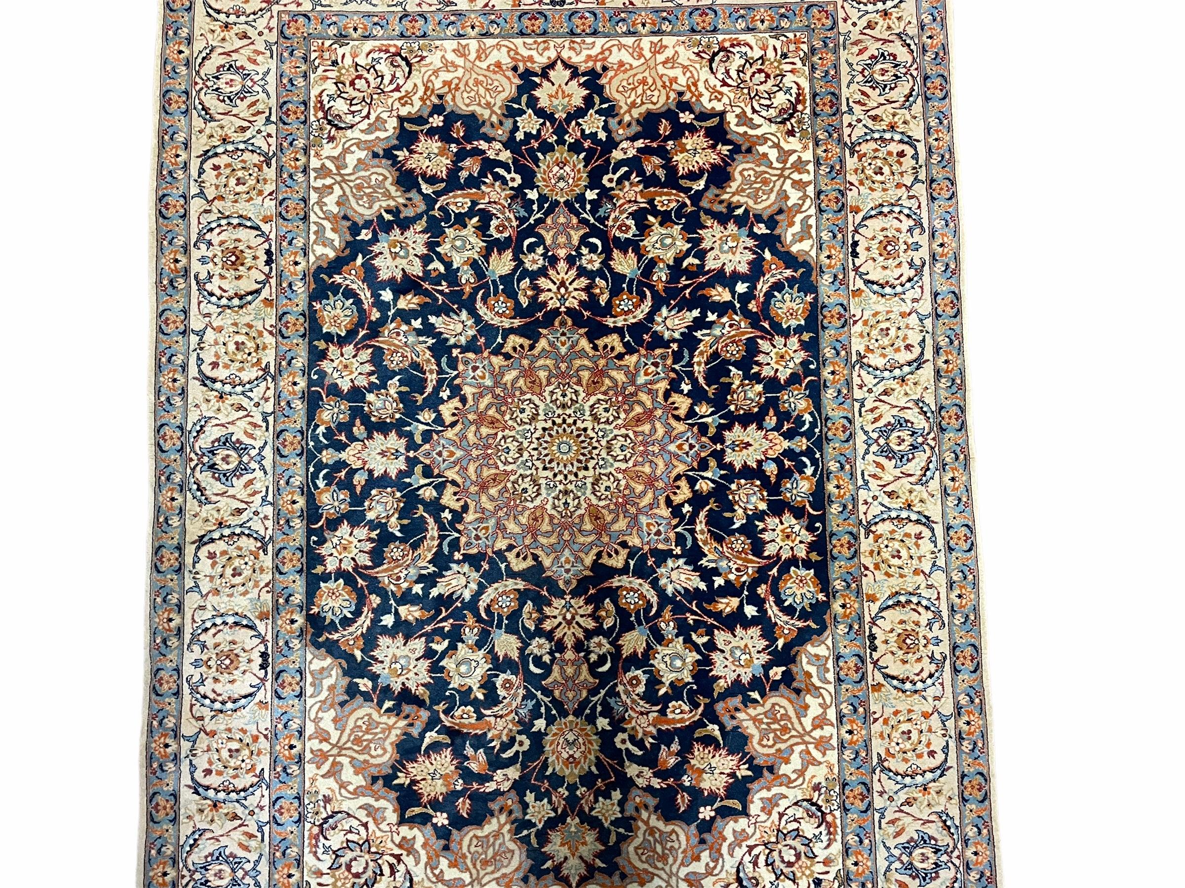 Persian Isfahan Rug 4x5, Navy Blue & Ivory, Wool and Silk Highlights - Image 4