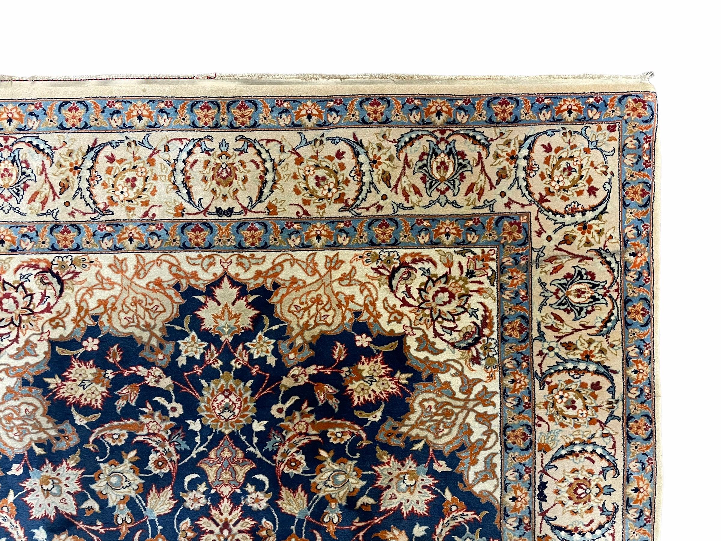 Persian Isfahan Rug 4x5, Navy Blue & Ivory, Wool and Silk Highlights - Image 7