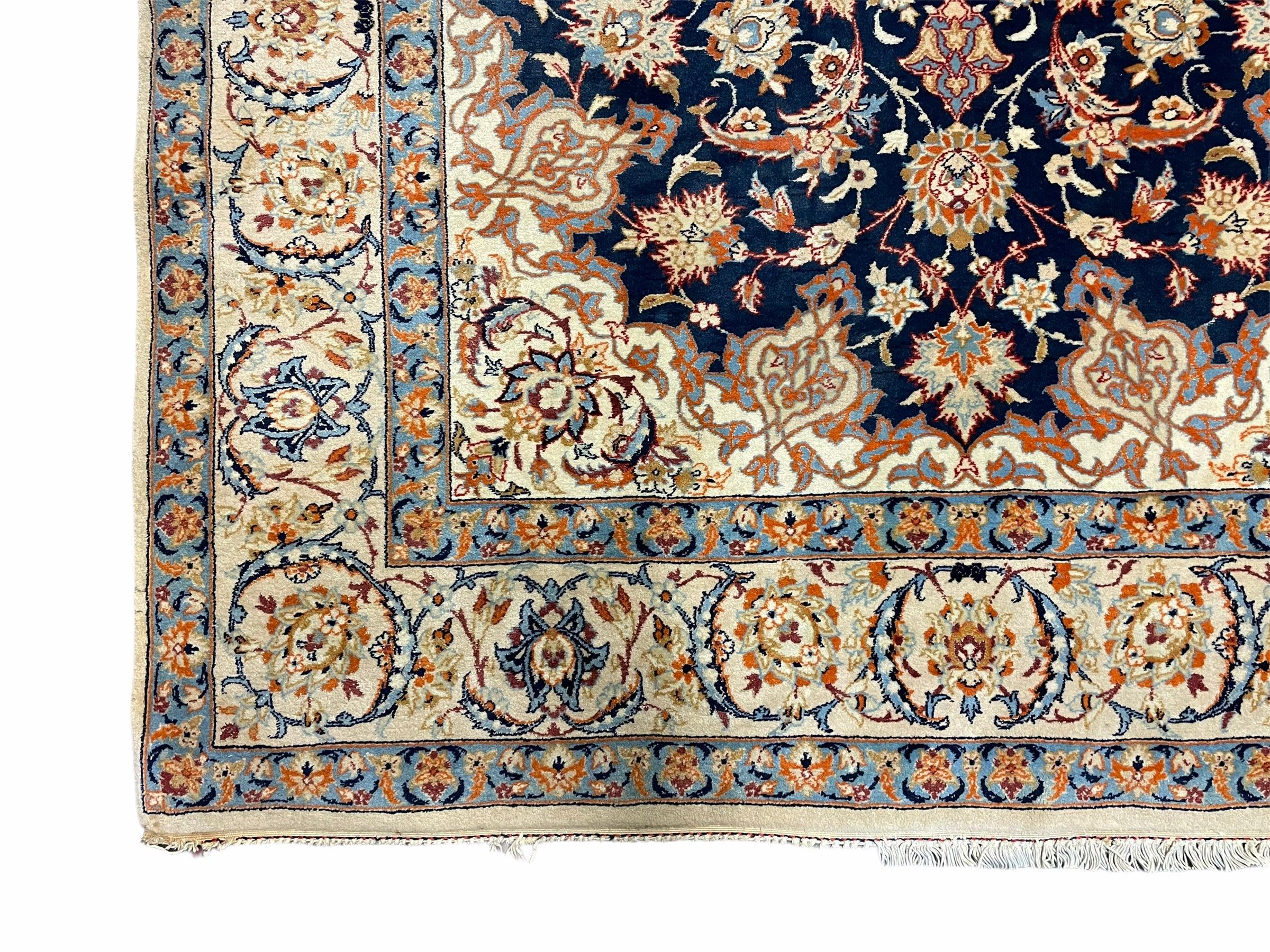 Persian Isfahan Rug 4x5, Navy Blue & Ivory, Wool and Silk Highlights - Image 8