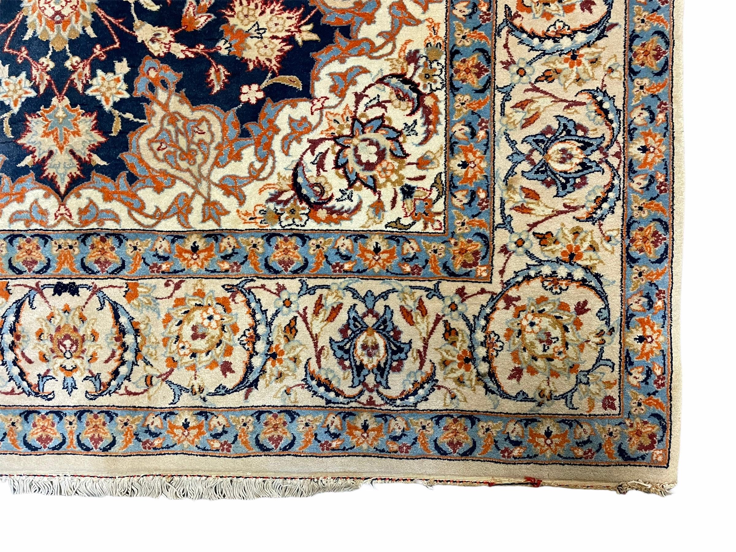 Persian Isfahan Rug 4x5, Navy Blue & Ivory, Wool and Silk Highlights - Image 9