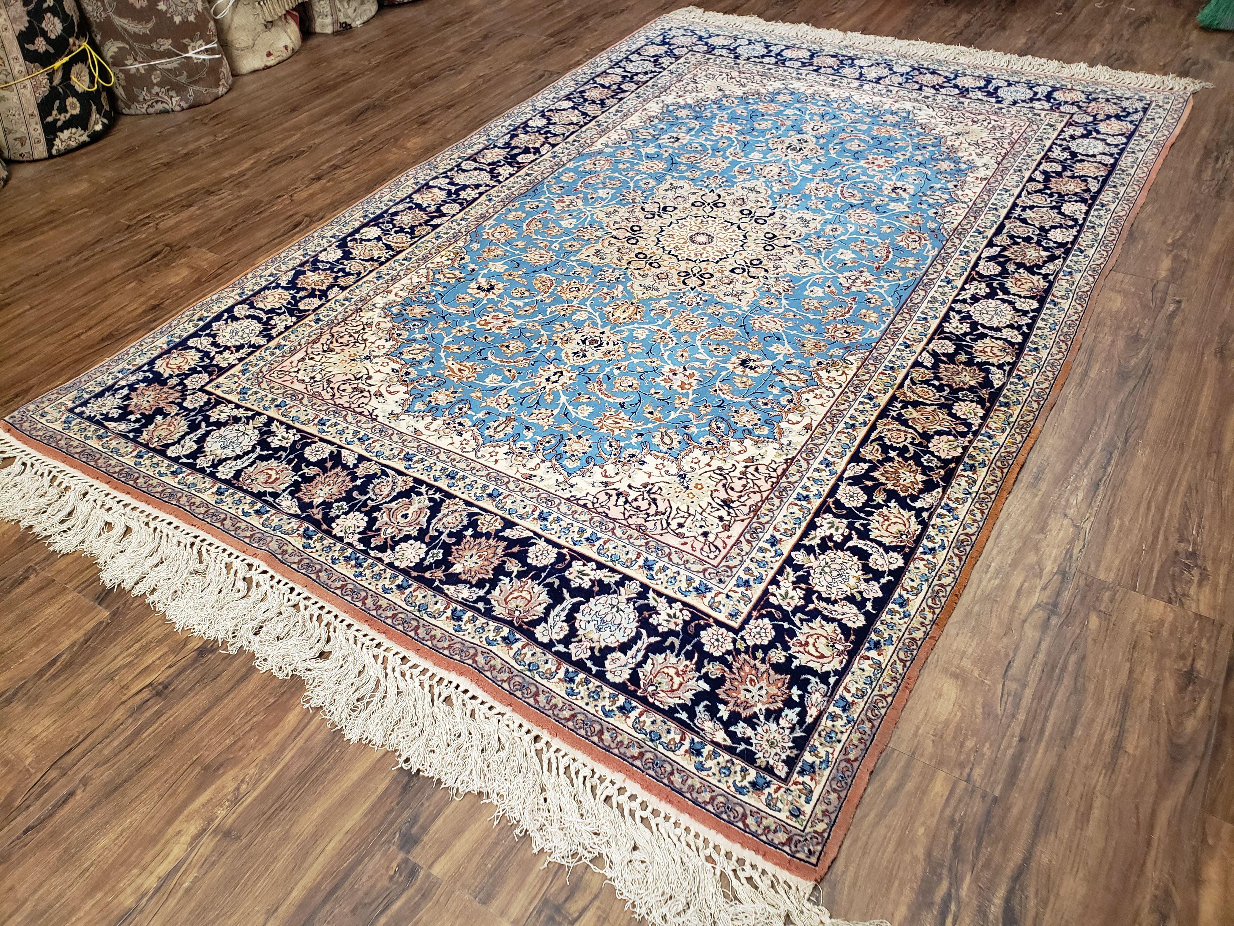 Persian Isfahan Rug, Kork Wool on Silk Foundation, Sky Blue, Hand-Knotted, 5' 1" x 7' 8" - Image 11