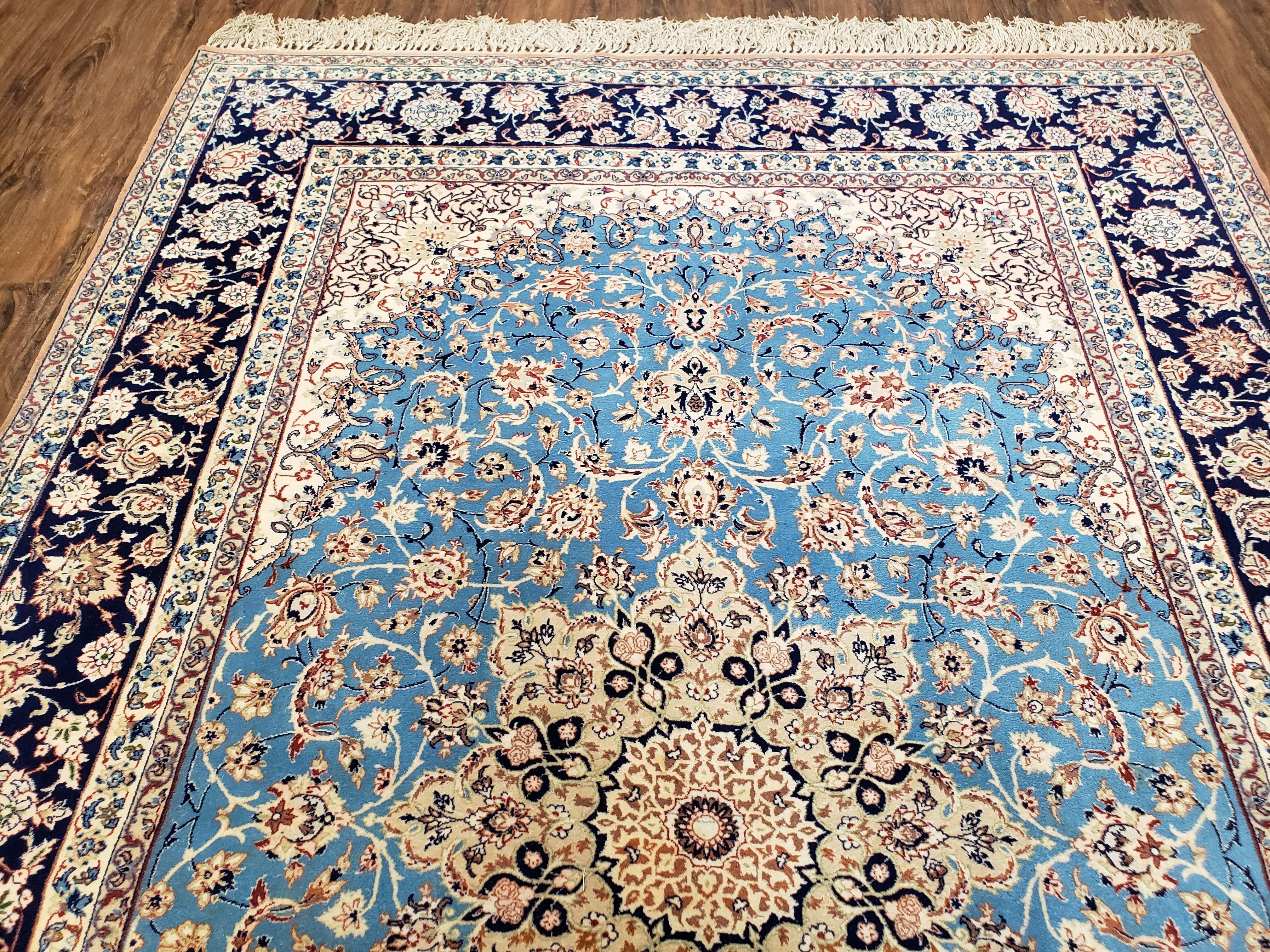 Persian Isfahan Rug, Kork Wool on Silk Foundation, Sky Blue, Hand-Knotted, 5' 1" x 7' 8" - Image 12
