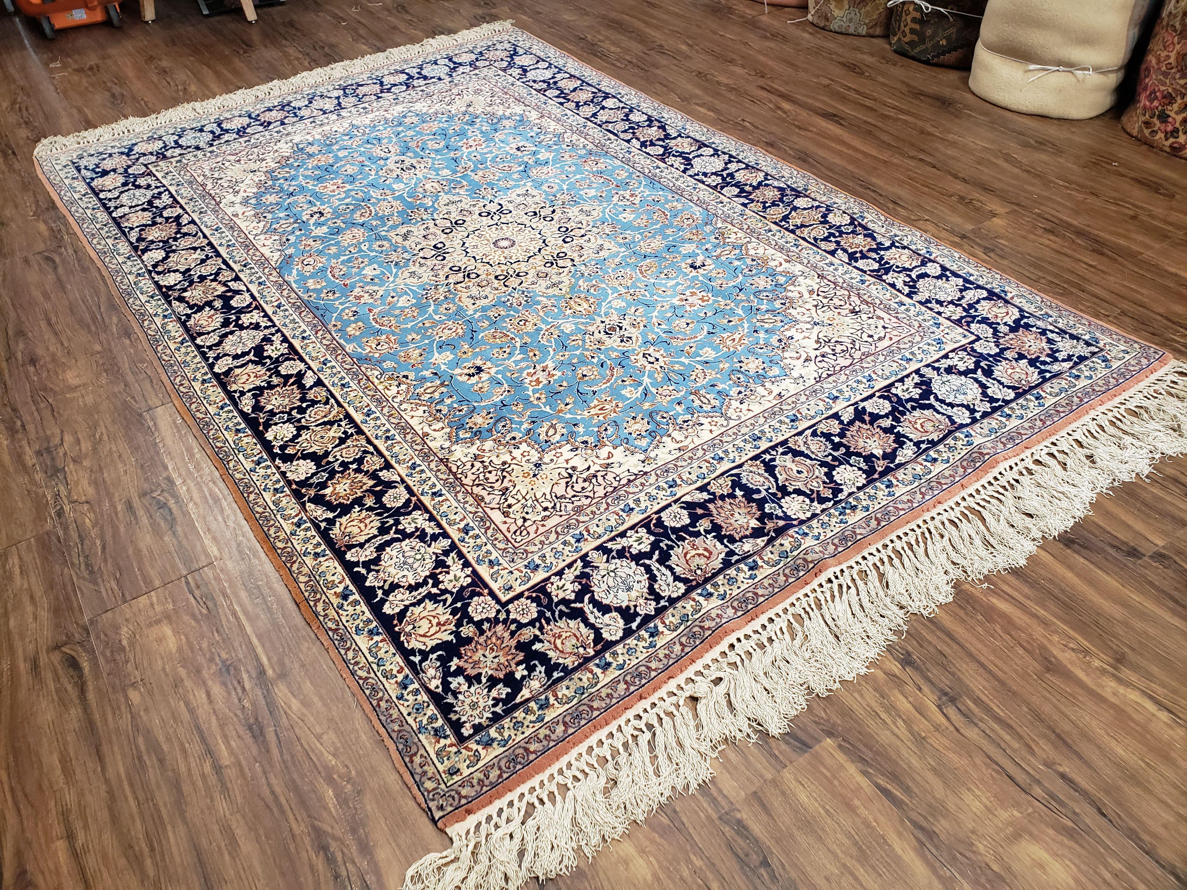 Persian Isfahan Rug, Kork Wool on Silk Foundation, Sky Blue, Hand-Knotted, 5' 1" x 7' 8" - Image 2