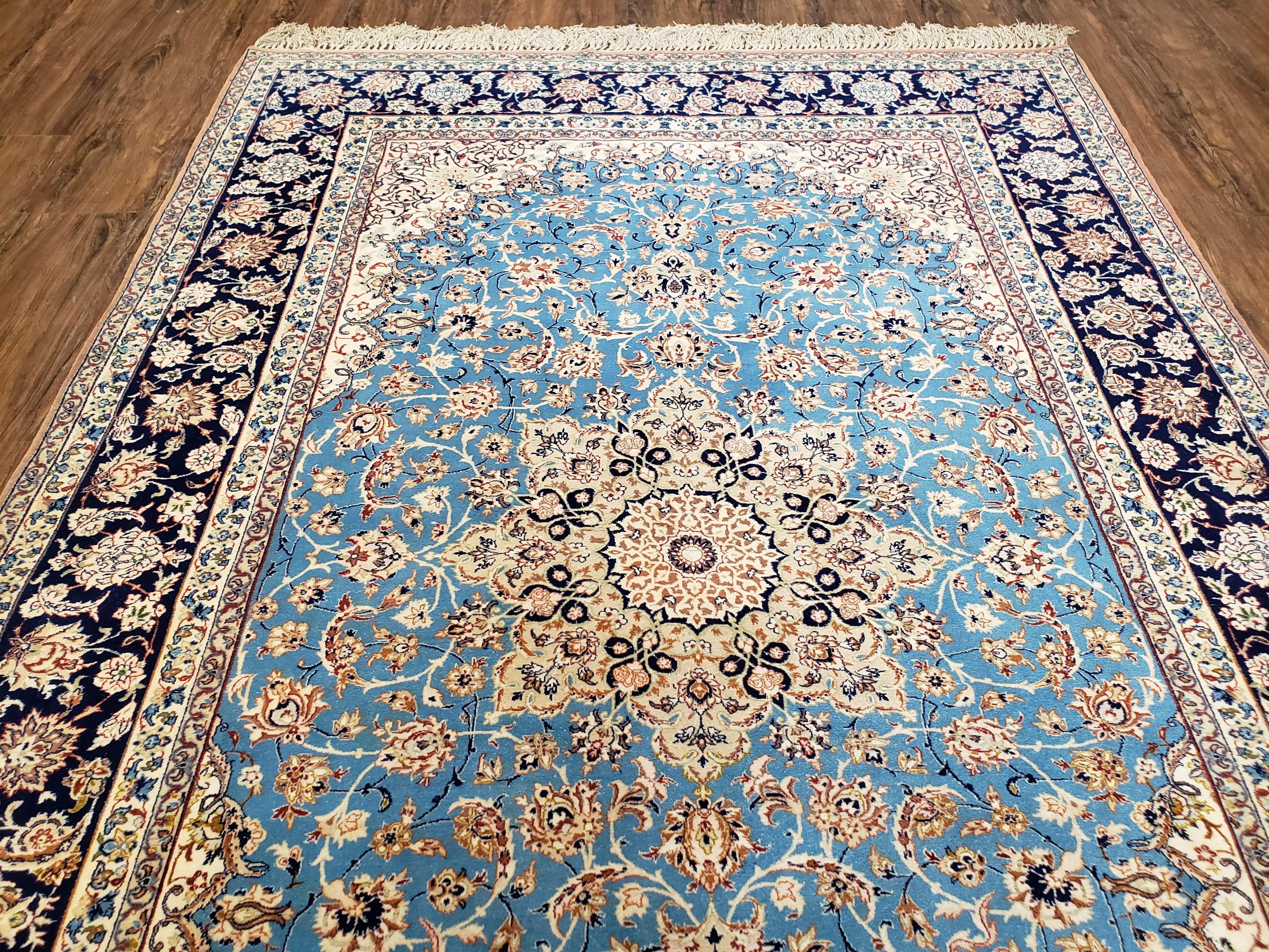 Persian Isfahan Rug, Kork Wool on Silk Foundation, Sky Blue, Hand-Knotted, 5' 1" x 7' 8" - Image 3