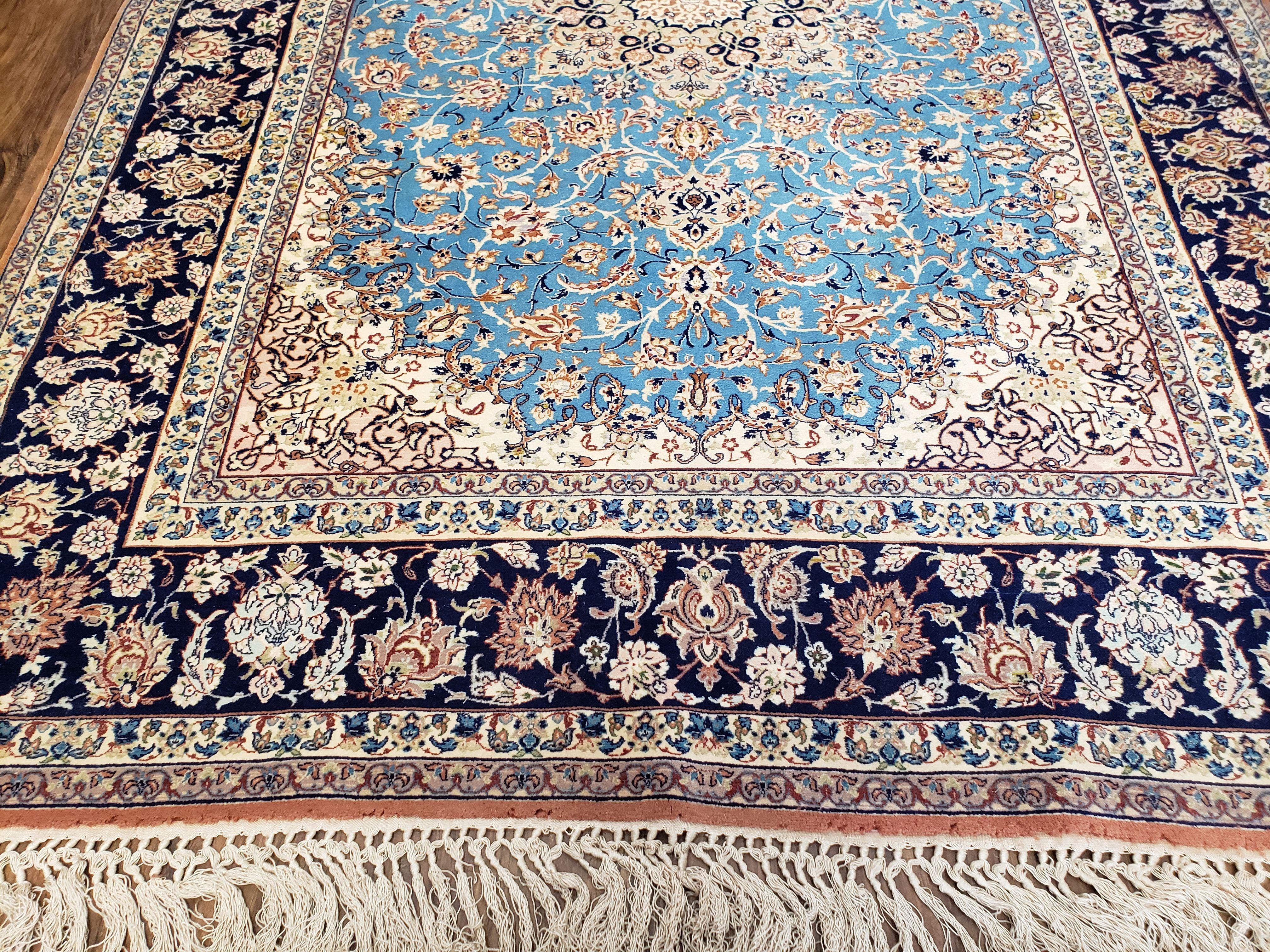 Persian Isfahan Rug, Kork Wool on Silk Foundation, Sky Blue, Hand-Knotted, 5' 1" x 7' 8" - Image 4