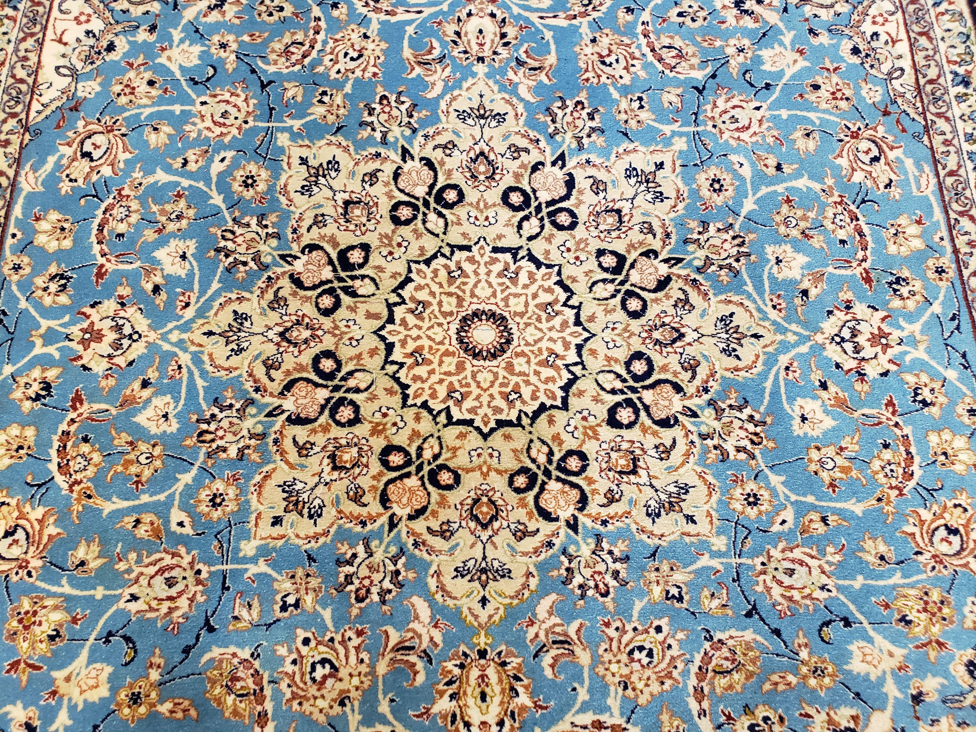 Persian Isfahan Rug, Kork Wool on Silk Foundation, Sky Blue, Hand-Knotted, 5' 1" x 7' 8" - Image 5