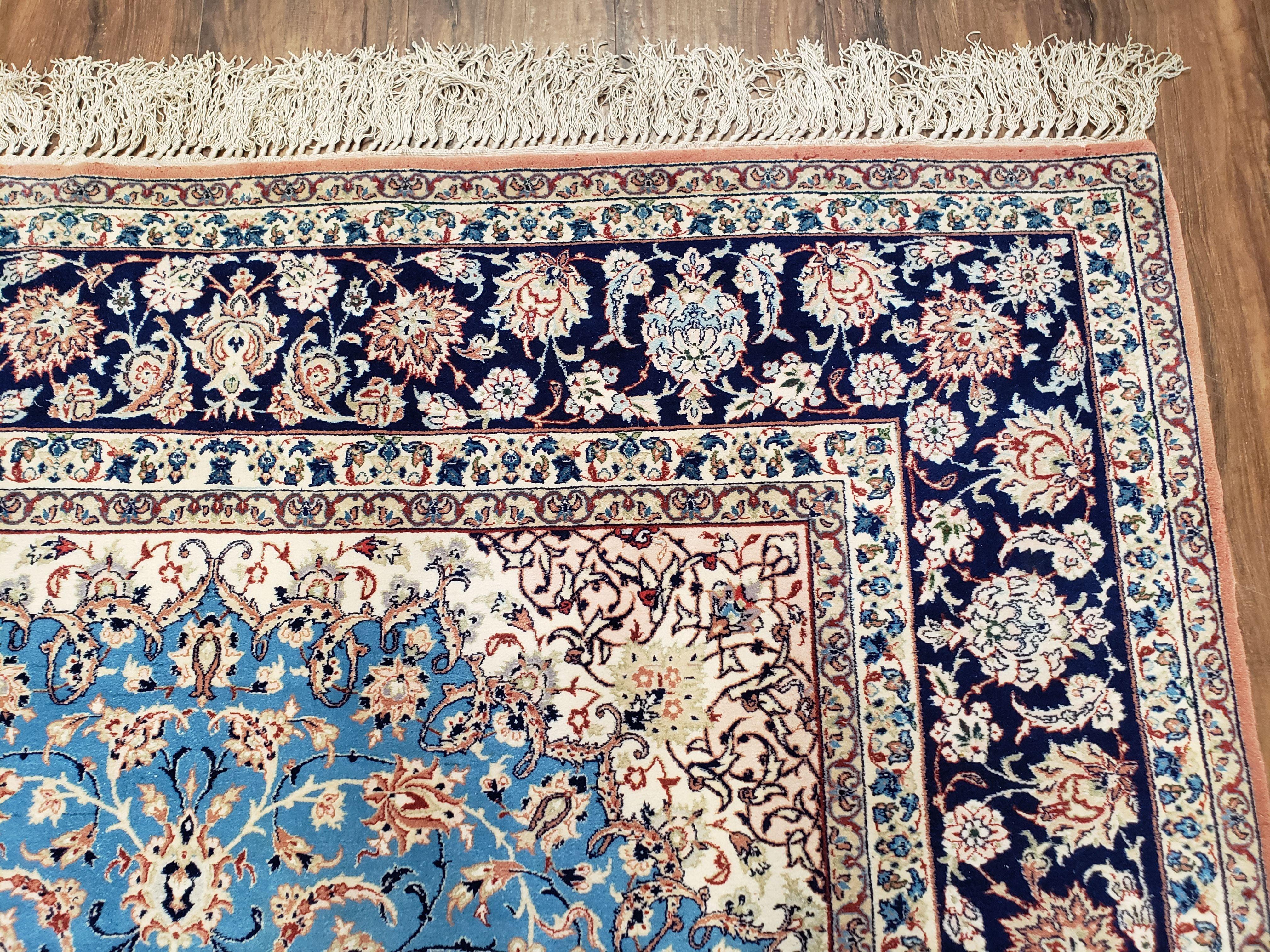 Persian Isfahan Rug, Kork Wool on Silk Foundation, Sky Blue, Hand-Knotted, 5' 1" x 7' 8" - Image 7