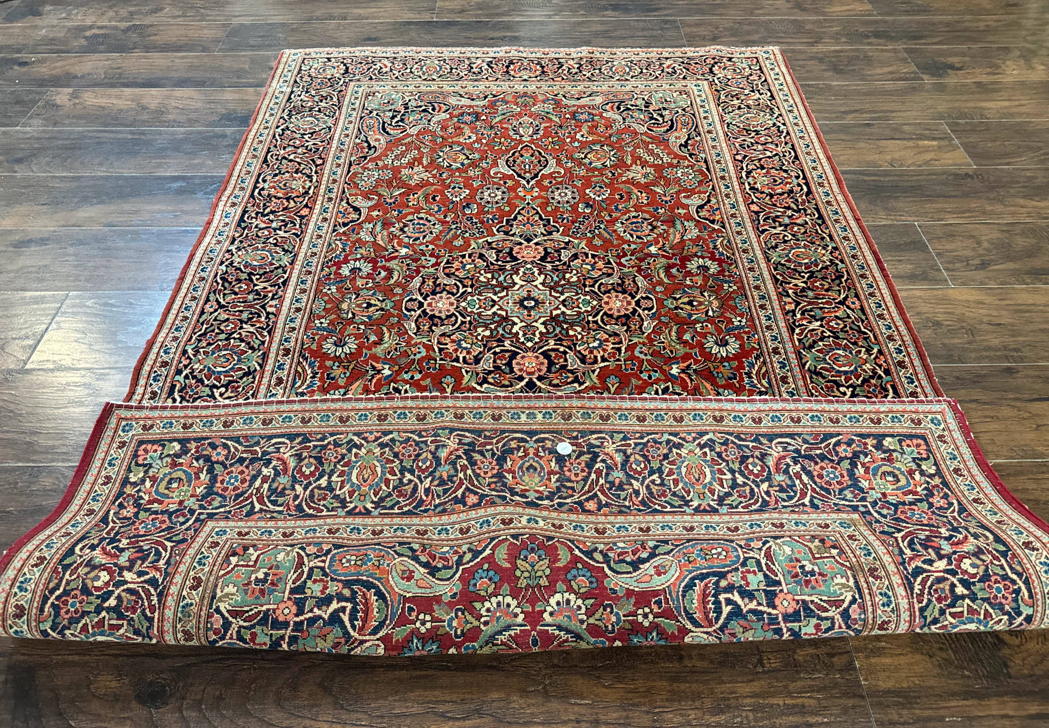 Persian Kashan Rug 4x7, Red and Navy Blue, Floral Antique Carpet - Image 11
