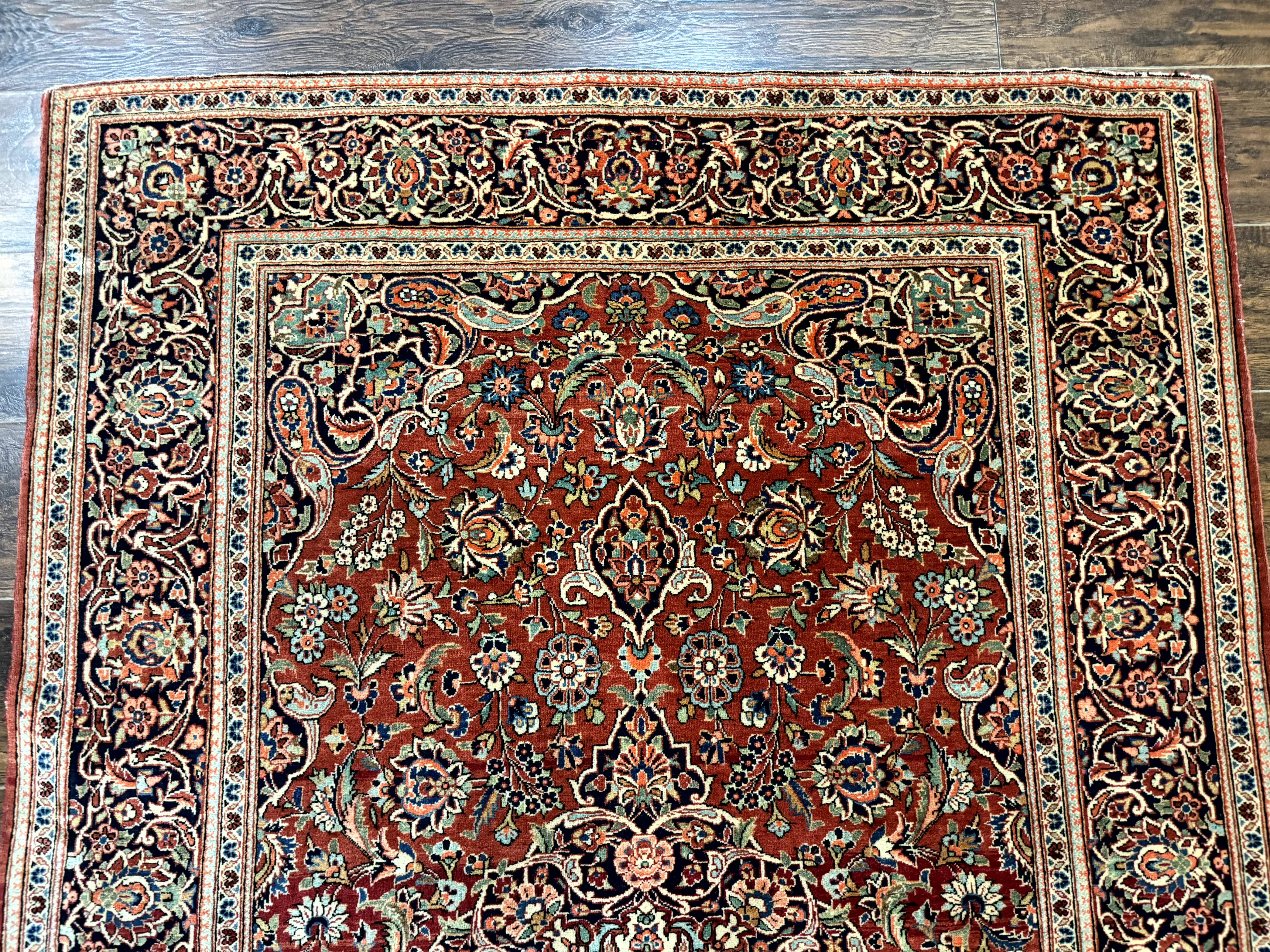 Persian Kashan Rug 4x7, Red and Navy Blue, Floral Antique Carpet - Image 3