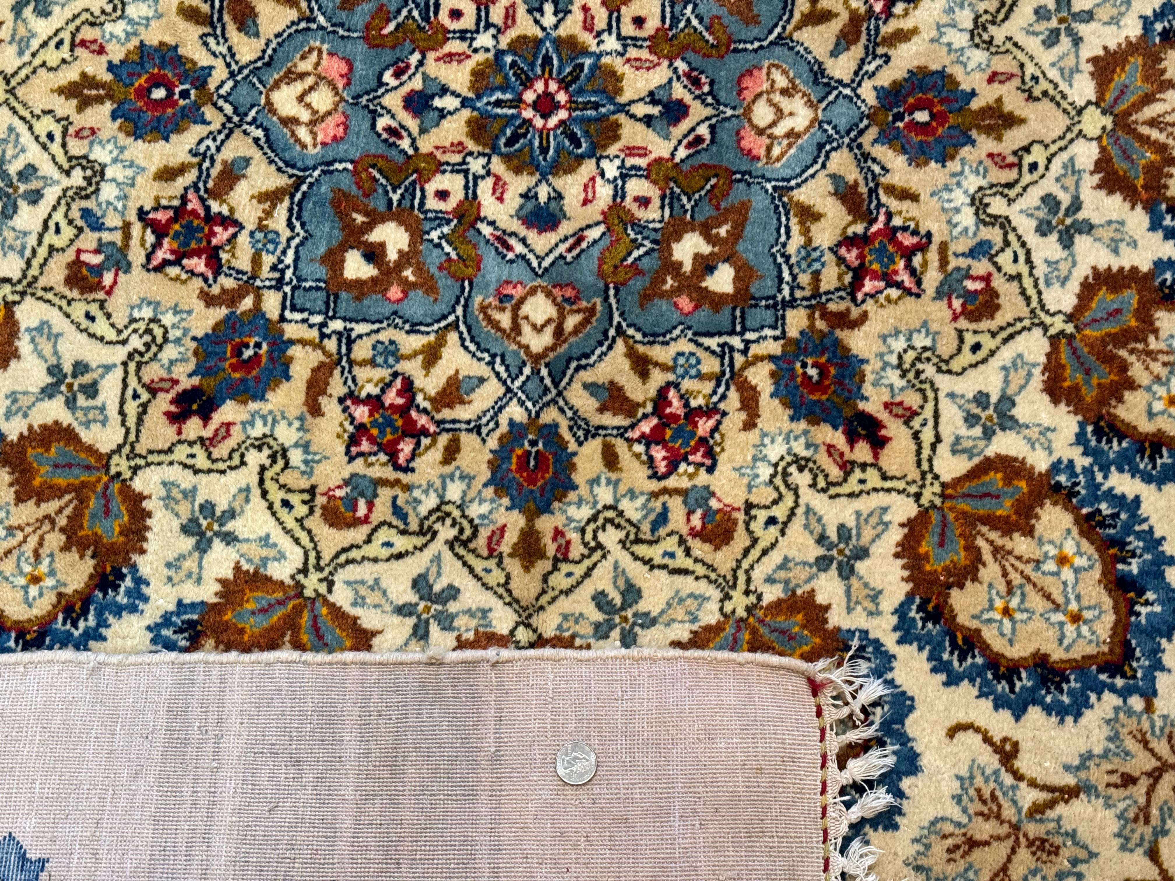 Persian Kashan Rug 9 x 12.6, Ivory and Blue, Floral Medallion, Wool Hand Knotted Semi Antique Carpet - Image 10